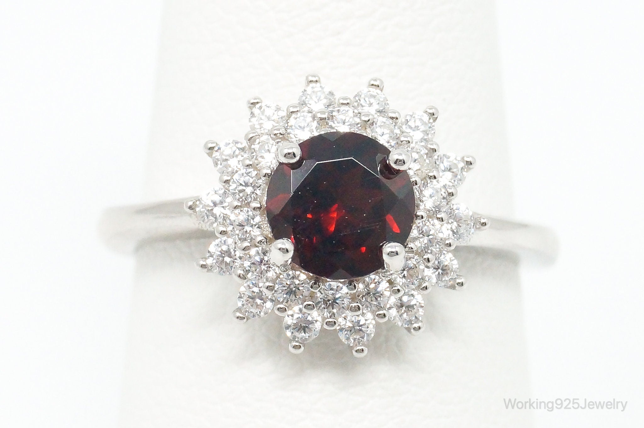 Vintage Garnet Cubic Zirconia Sterling Silver Ring - Size 6.75 Adjustable