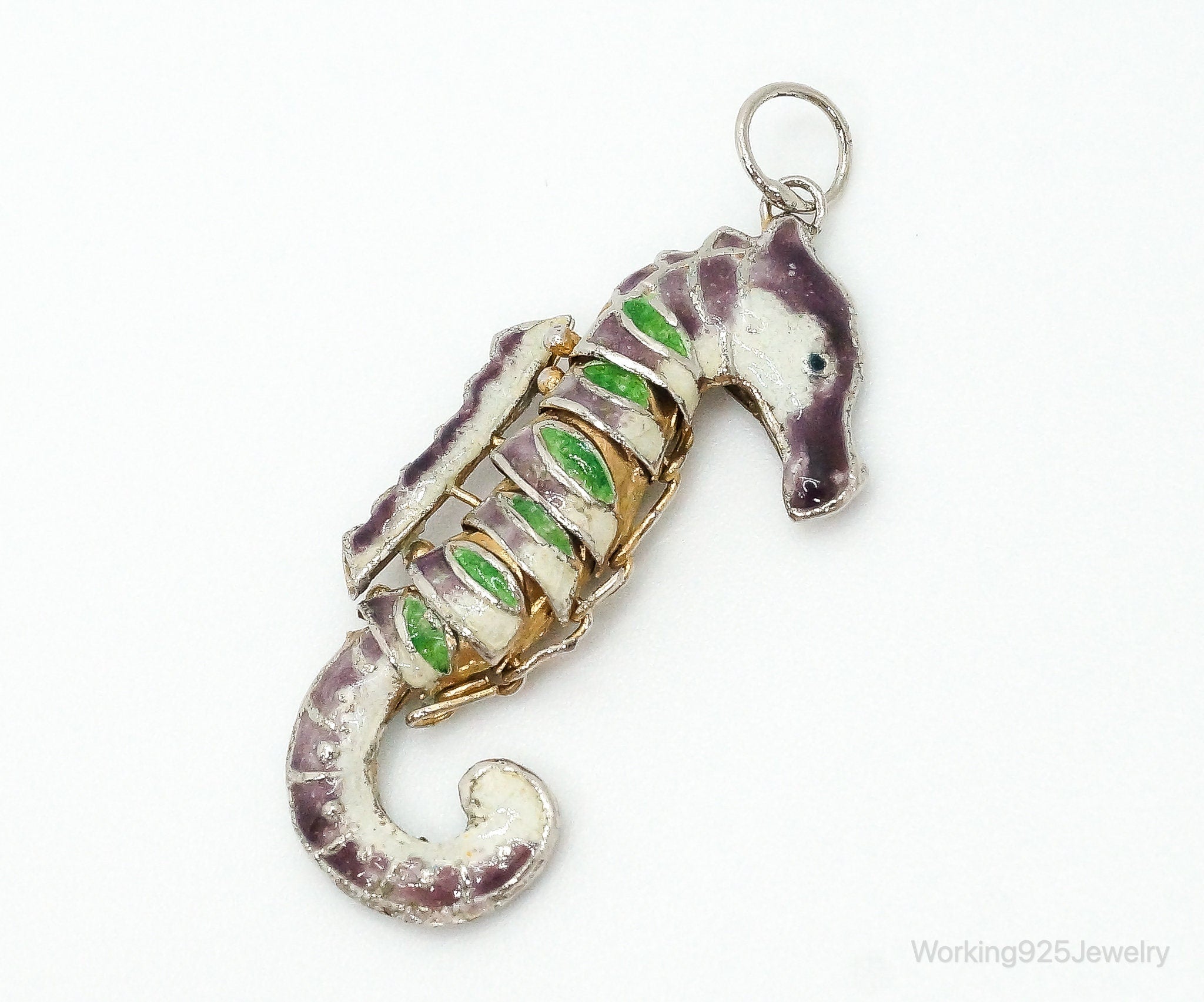 Antique Chinese Articulated Cloisonne Enameled Vermeil Silver Seahorse Pendant