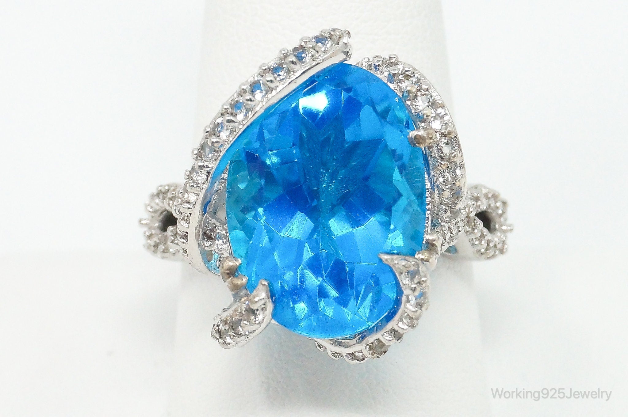 Vintage Faux Blue Topaz Cubic Zirconia Sterling Silver Ring - Size 10.25