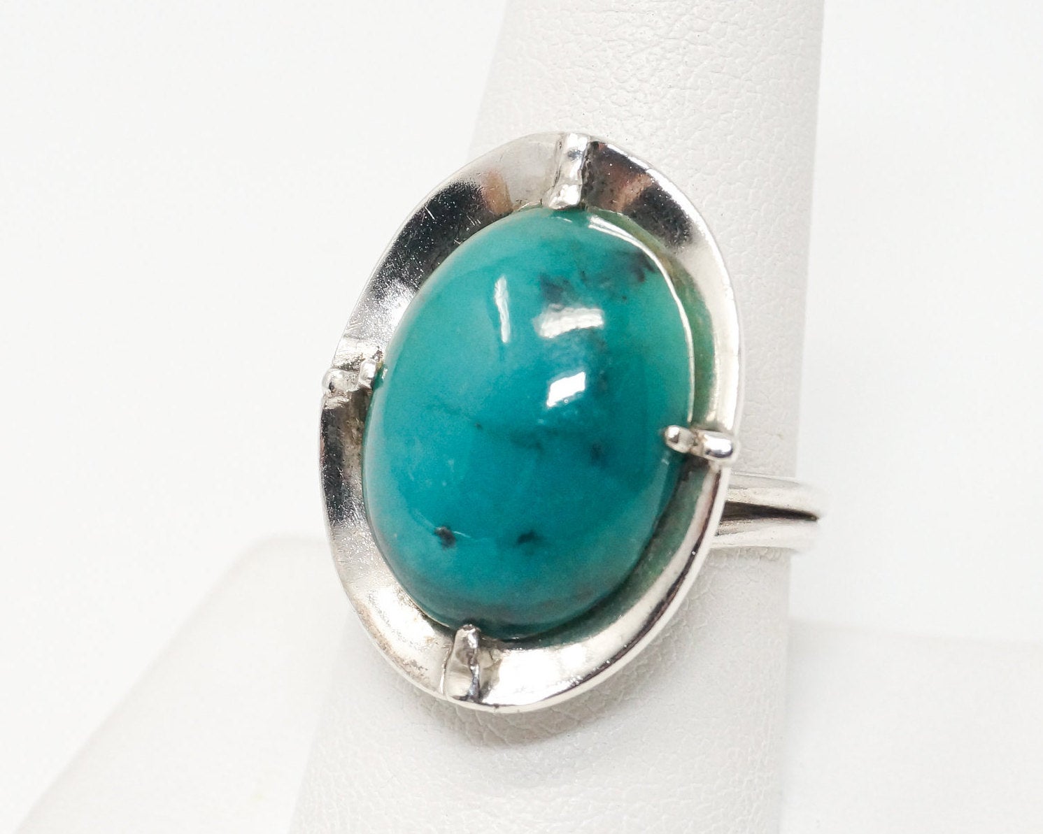 Vintage Large Blue Peruvian Opal Sterling Silver Statement Ring - Size 9.5