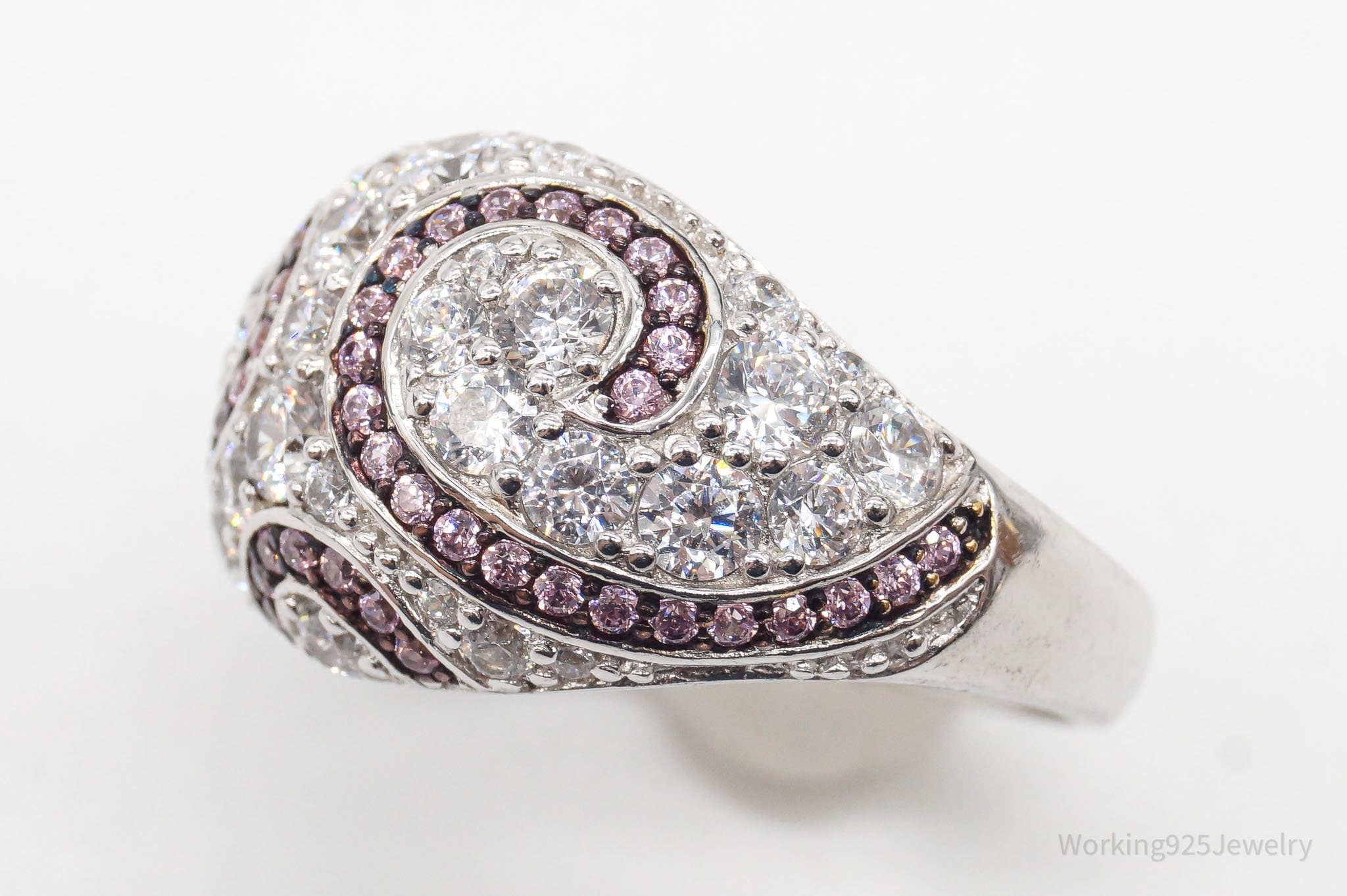 Pink & White Cubic Zirconia Platinum Clad Sterling Silver Ring - Size 9