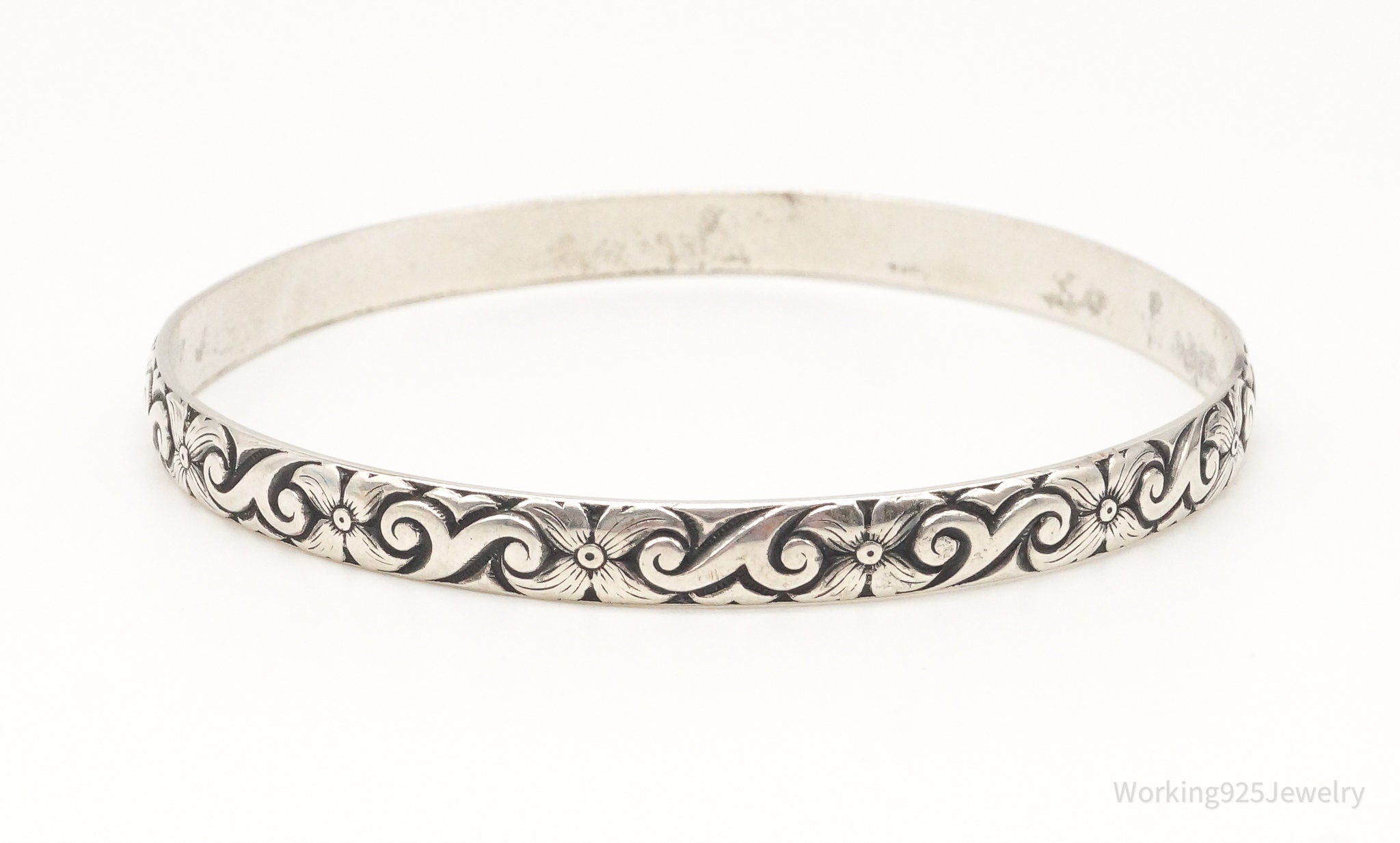 Antique Designer Danecraft Felch Co Sterling Silver Floral Bangle Bracelet