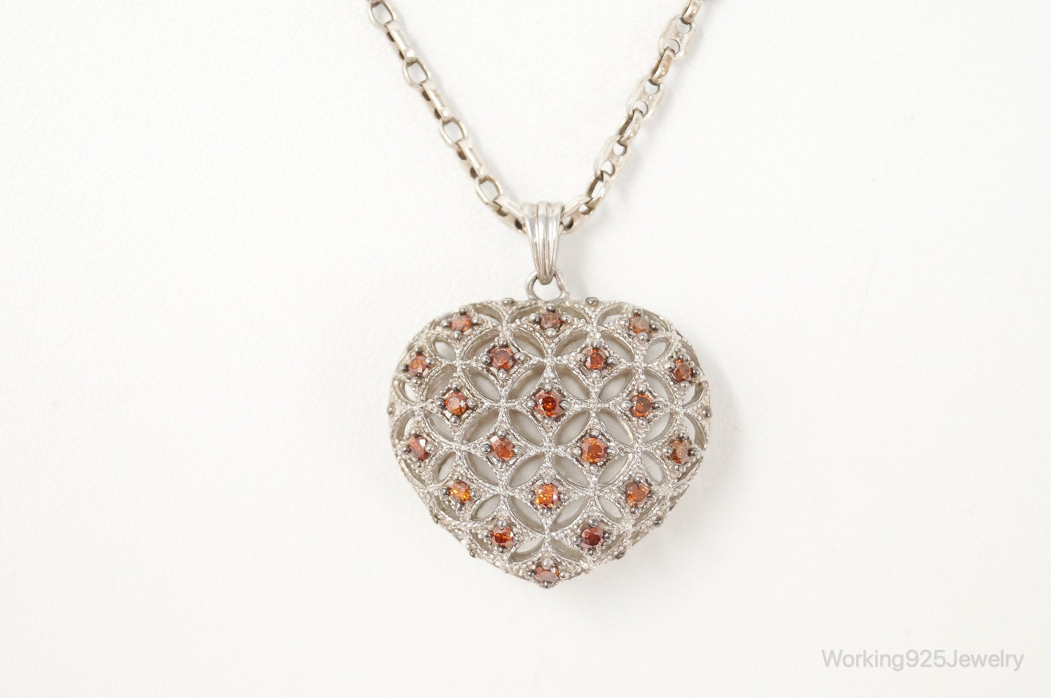 Designer Orange Cubic Zirconia Sterling Silver Heart Necklace