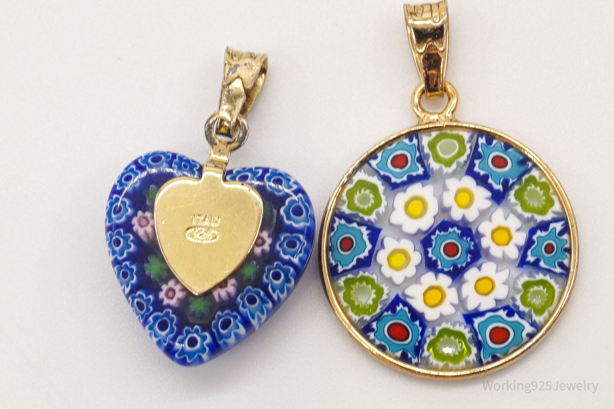 Vintage Glass Murano Millefiori Flowers Sterling Silver Gold Vermeil Pendant Set