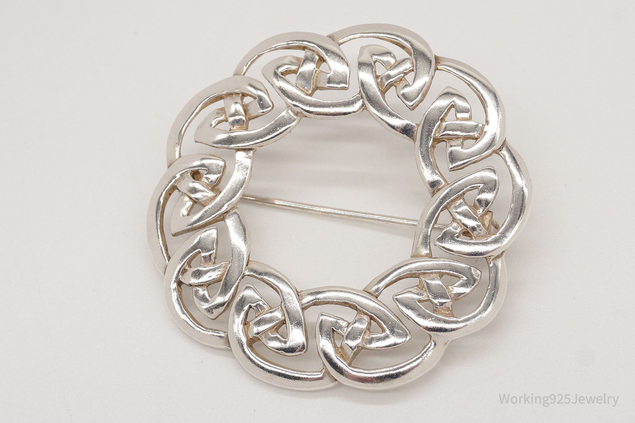 Large Vintage Designer KH Celtic Knot Wreath Sterling Silver Brooch Pin