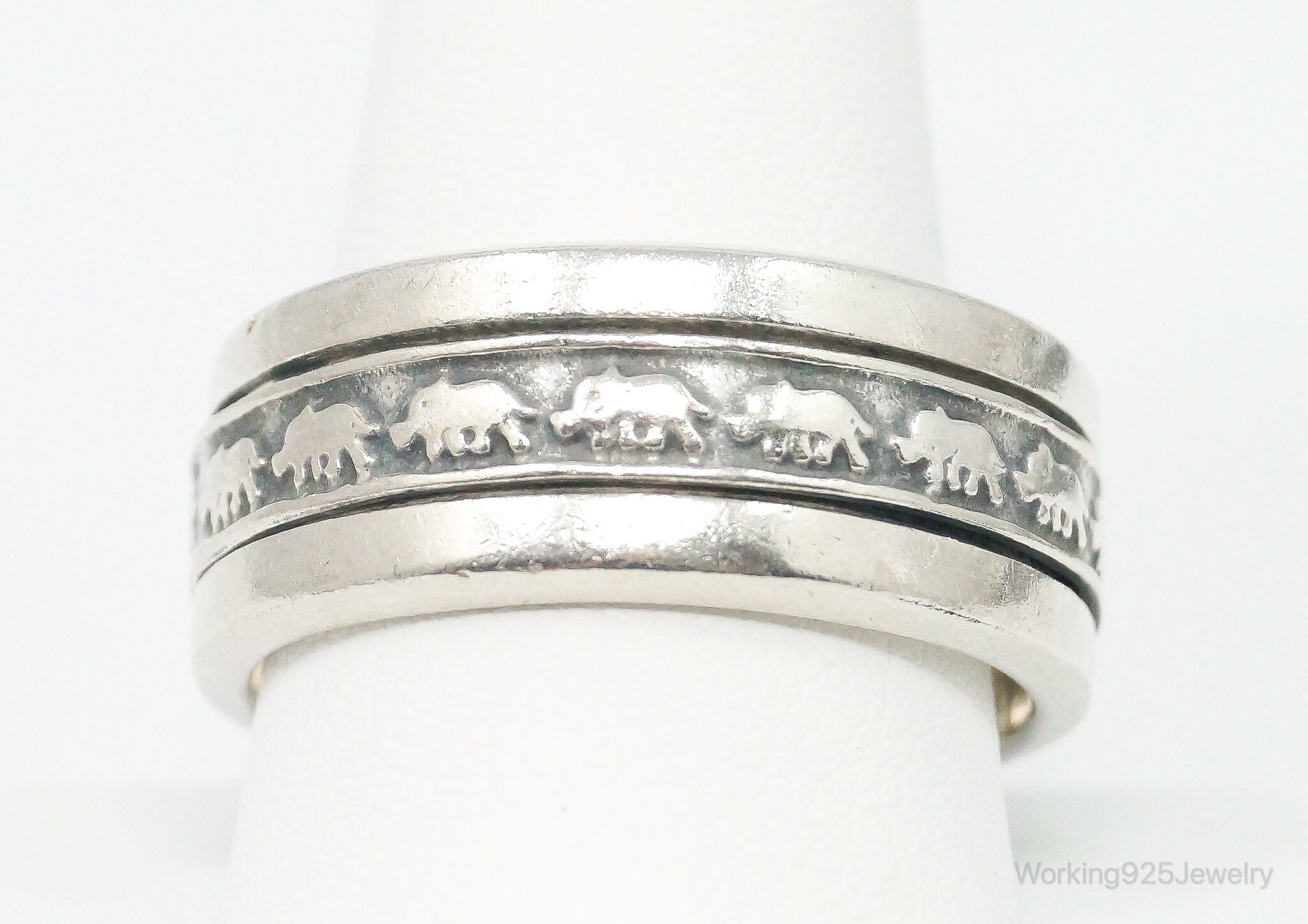 Vintage Elephant Spinner Sterling Silver Band Ring - Size 13