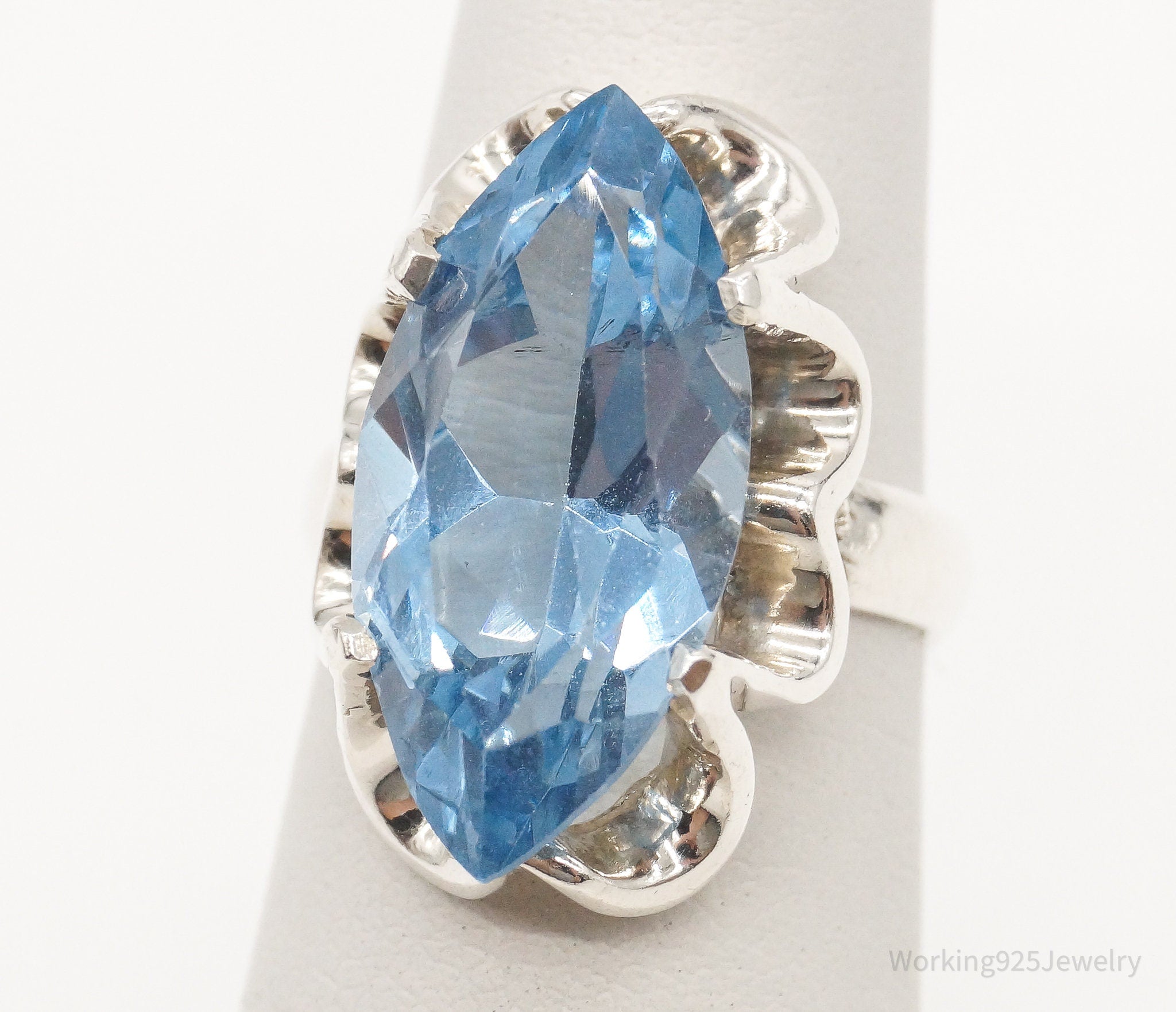 Vintage Large Blue Topaz Sterling Silver Ring - Size 4.5