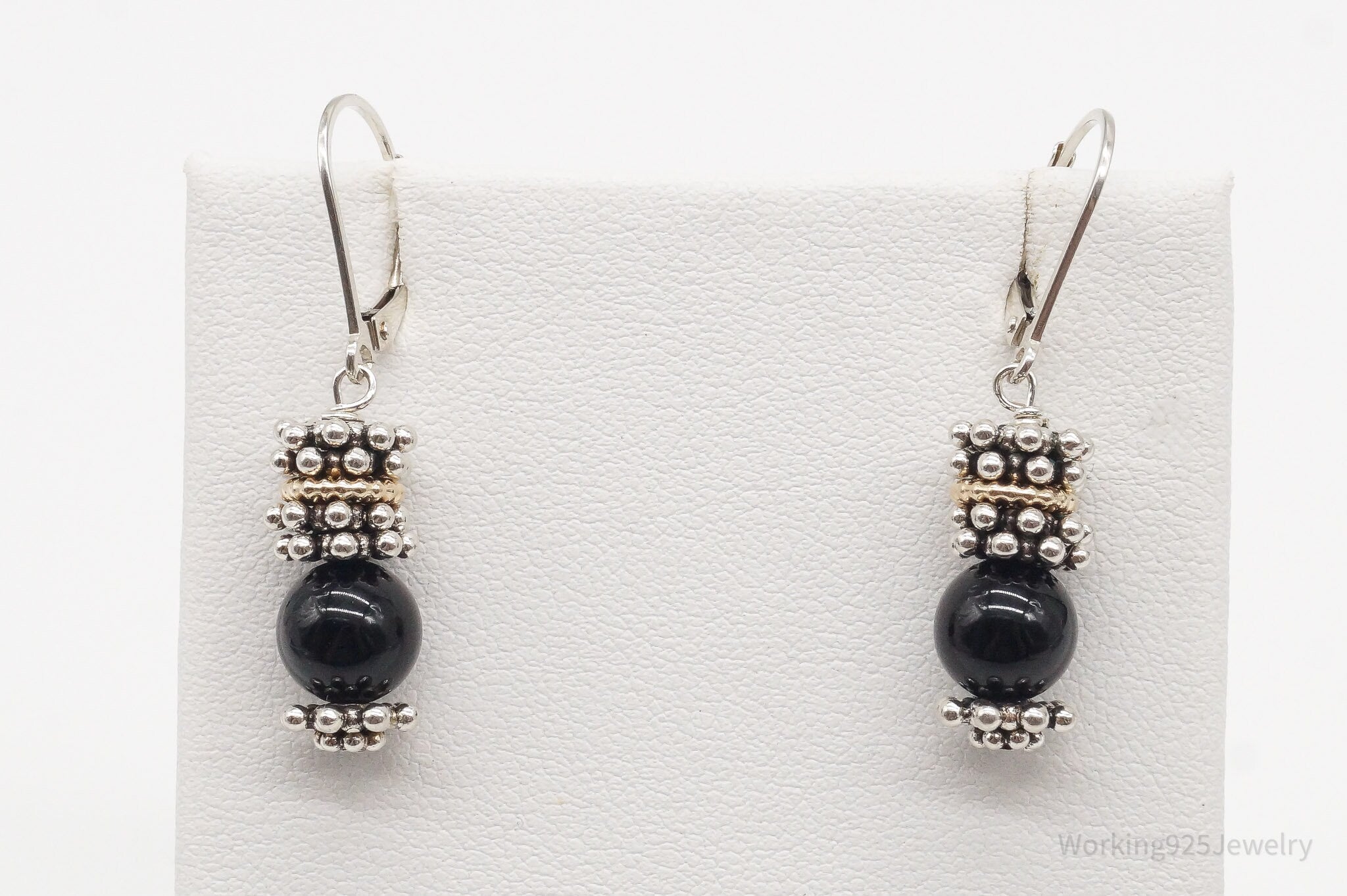 Vintage Black Onyx 14K Gold Granulated Sterling Silver Earrings