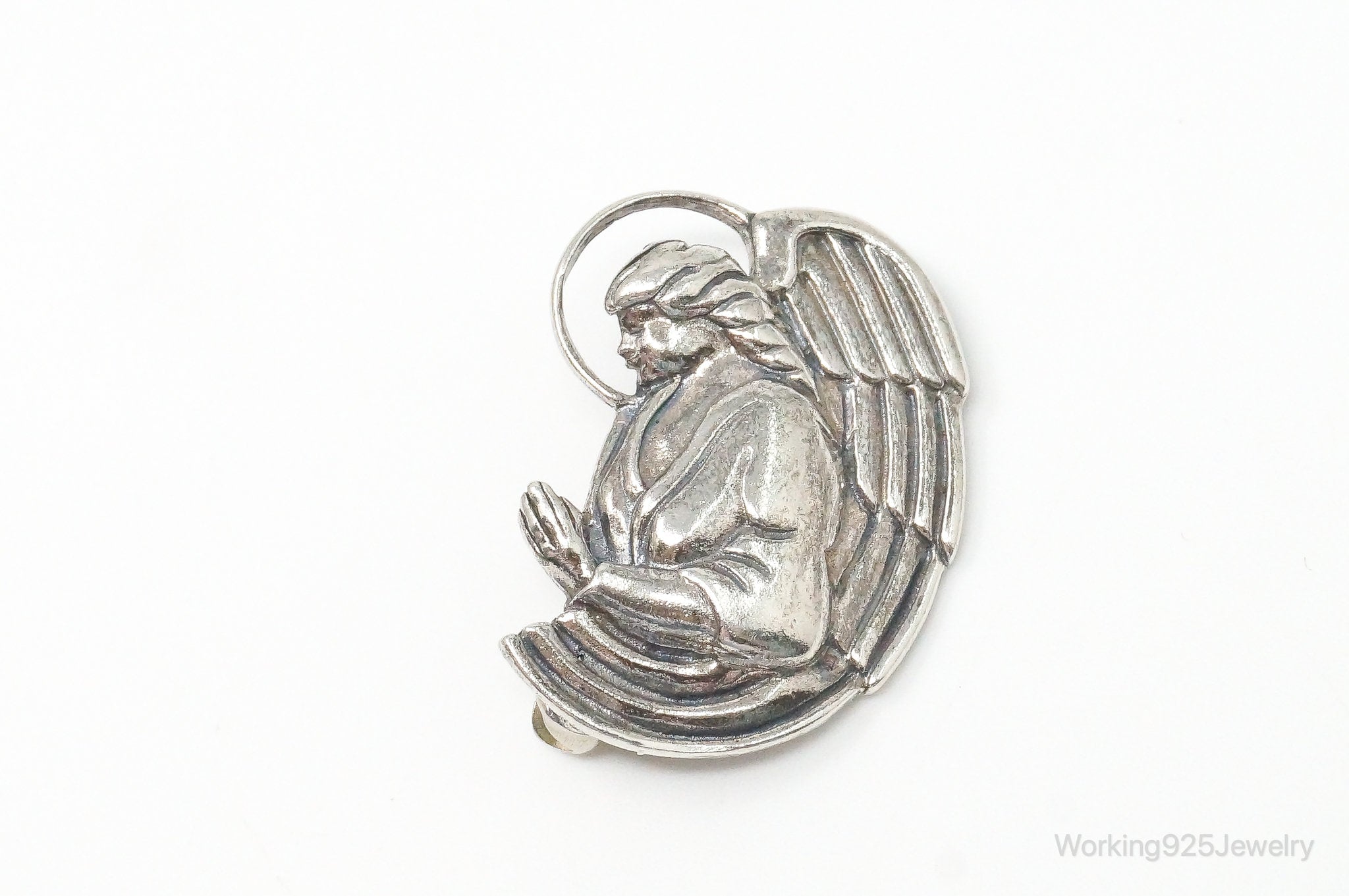 Vintage Designer Jezlaine Angel Praying Sterling Silver Brooch Pin