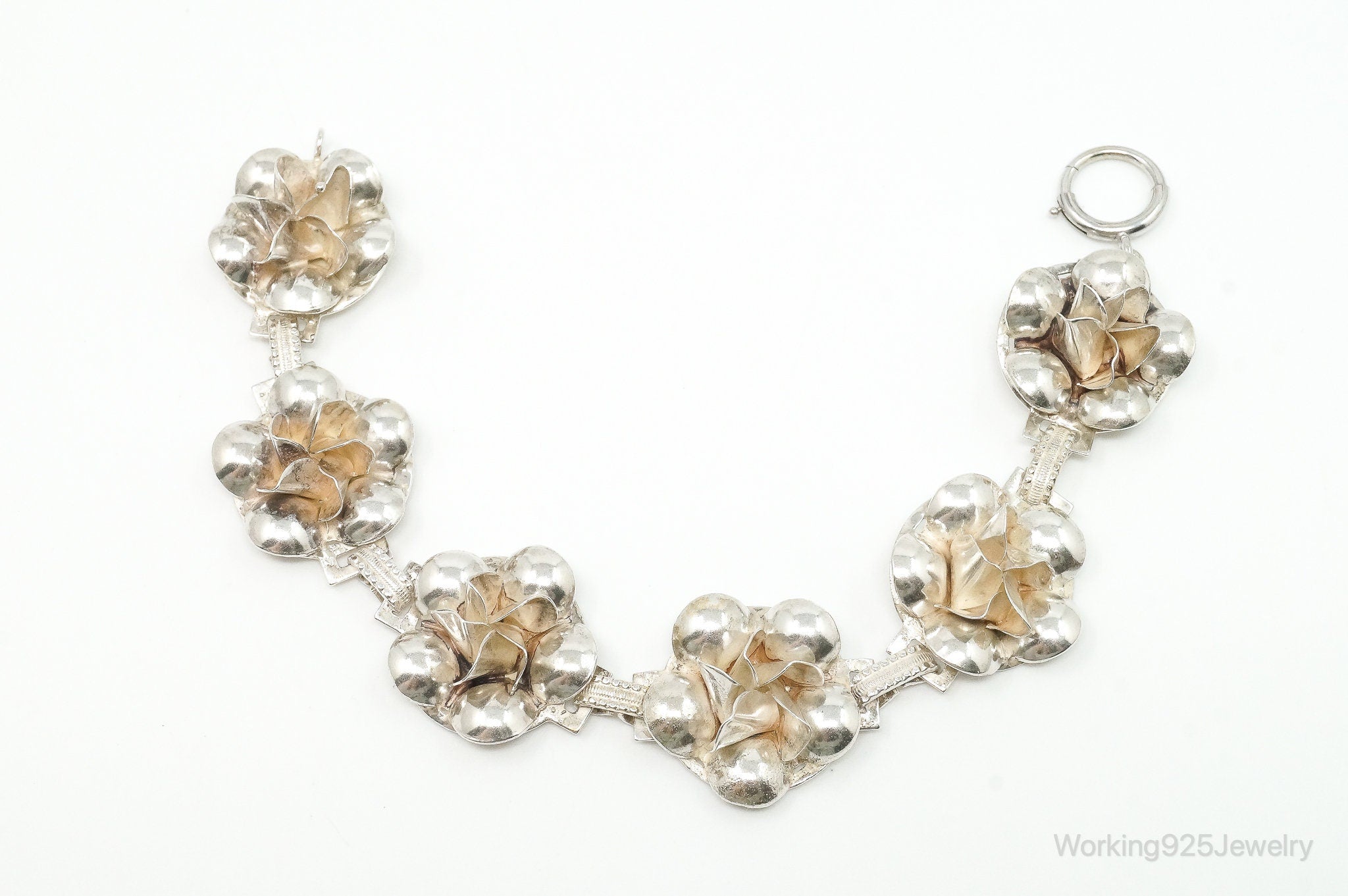 Vintage 1940s Raffaele Flower Silver Silver Panel Bracelet