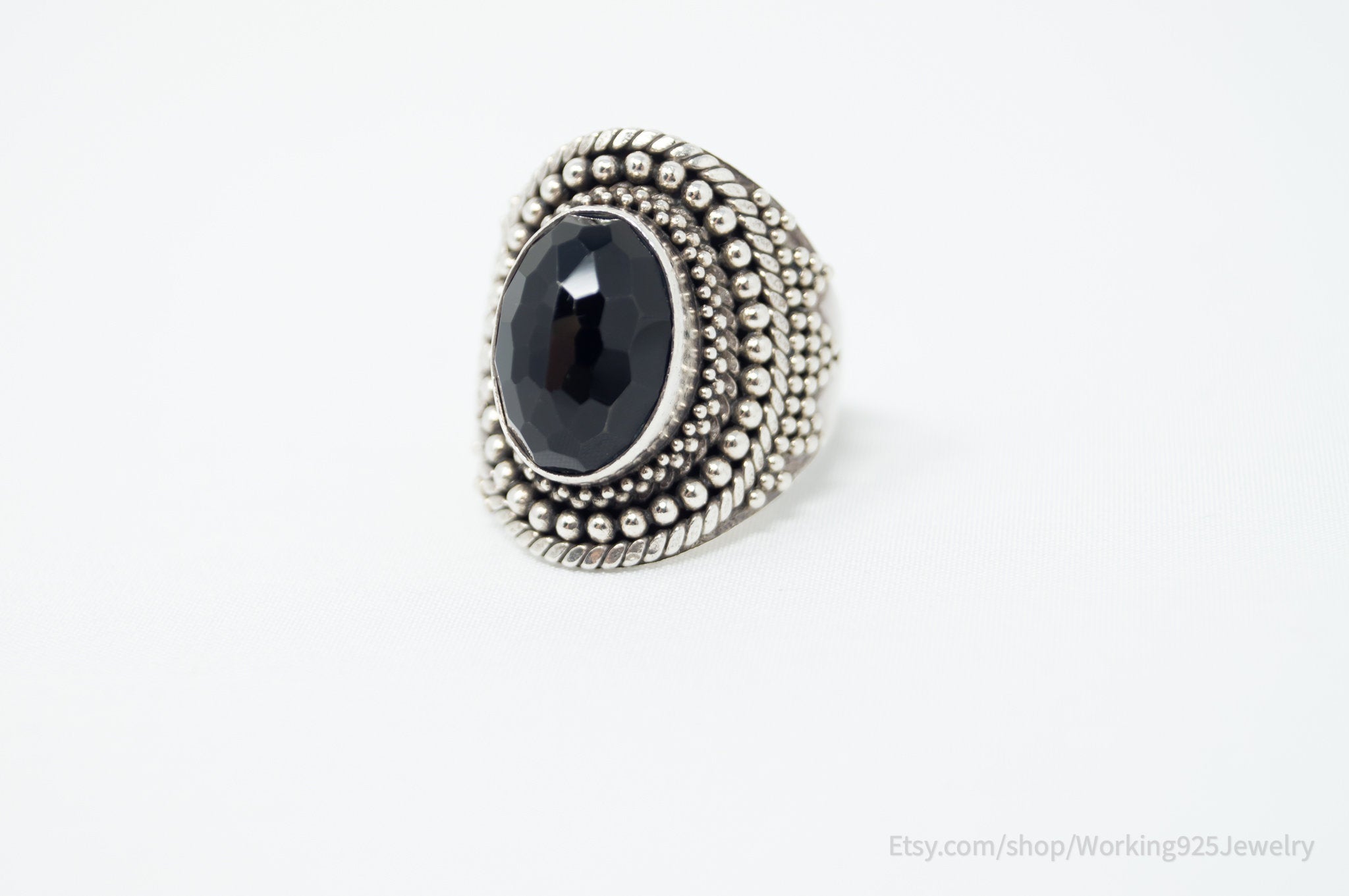 Large Vintage Art Deco Style Black Onyx Statement Sterling Ring - Size 7