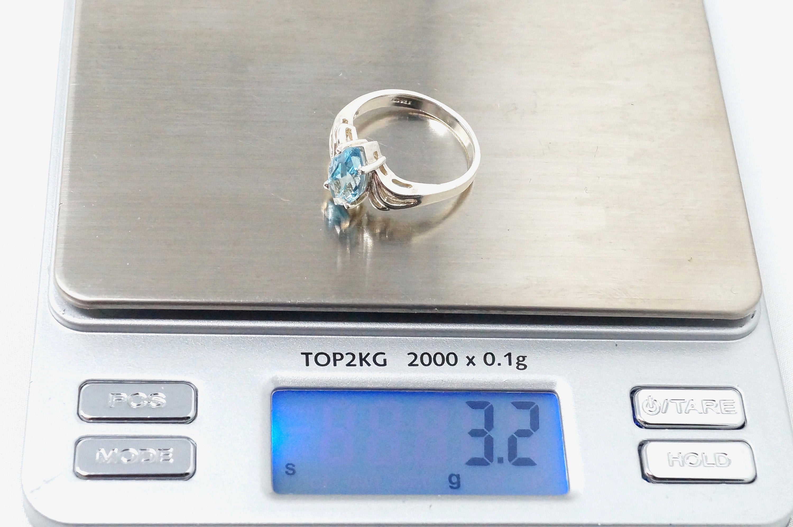 Vintage Art Deco Style Blue Topaz Sterling Silver Ring - Size 7.75