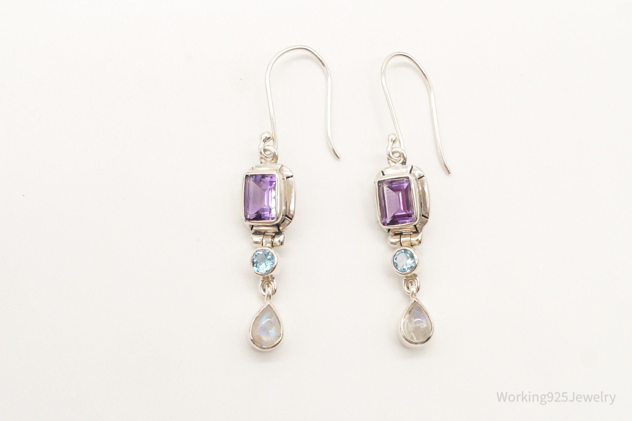 Vintage Amethyst Blue Topaz Moonstone Sterling Silver Earrings