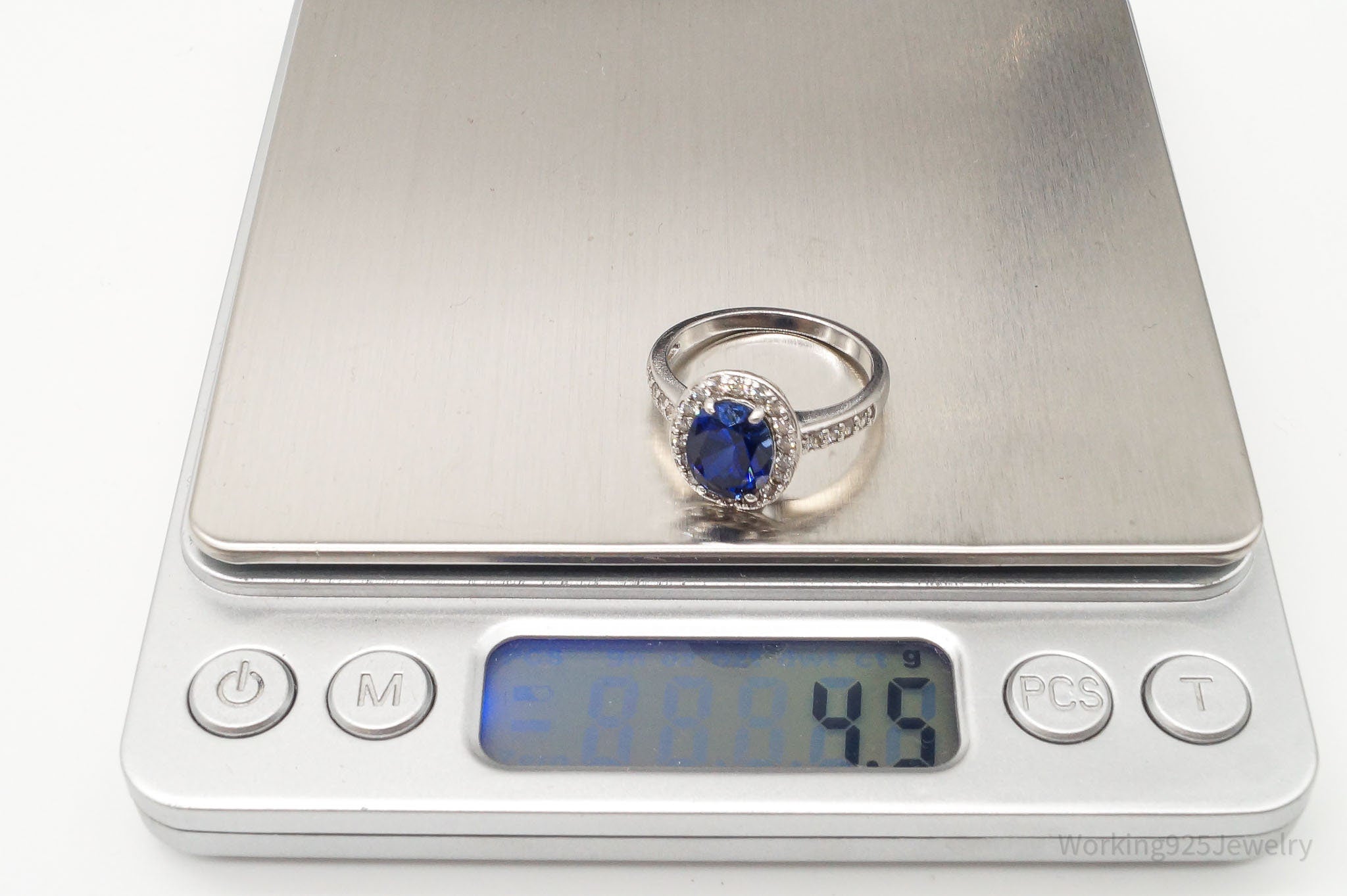 Vintage Lab Sapphire Cubic Zirconia Platinum Clad Sterling Silver Ring Size 9