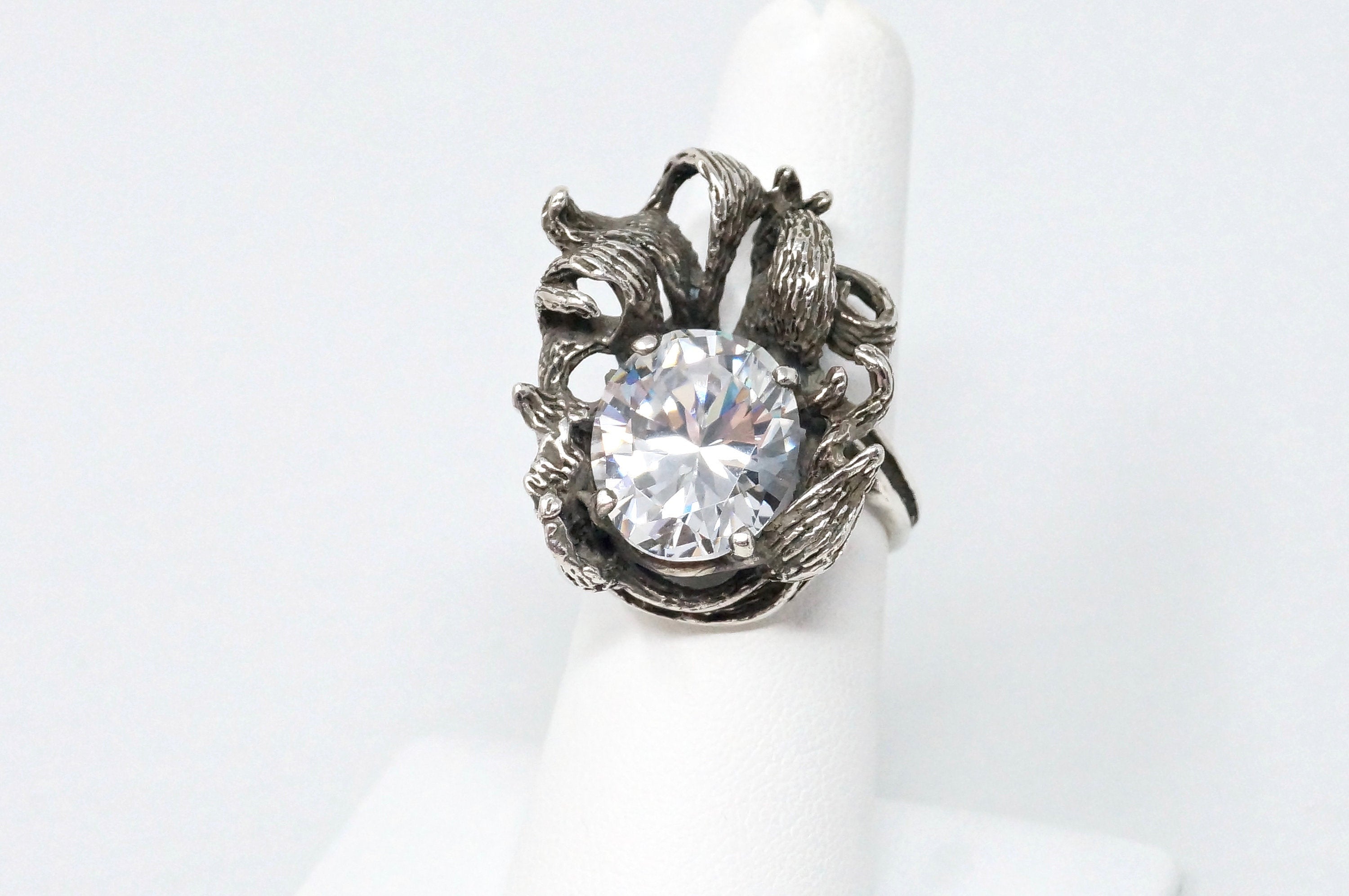 Vintage Art Nouveau Motif CZ Oxidized Sterling Silver Statement Ring - Size 6