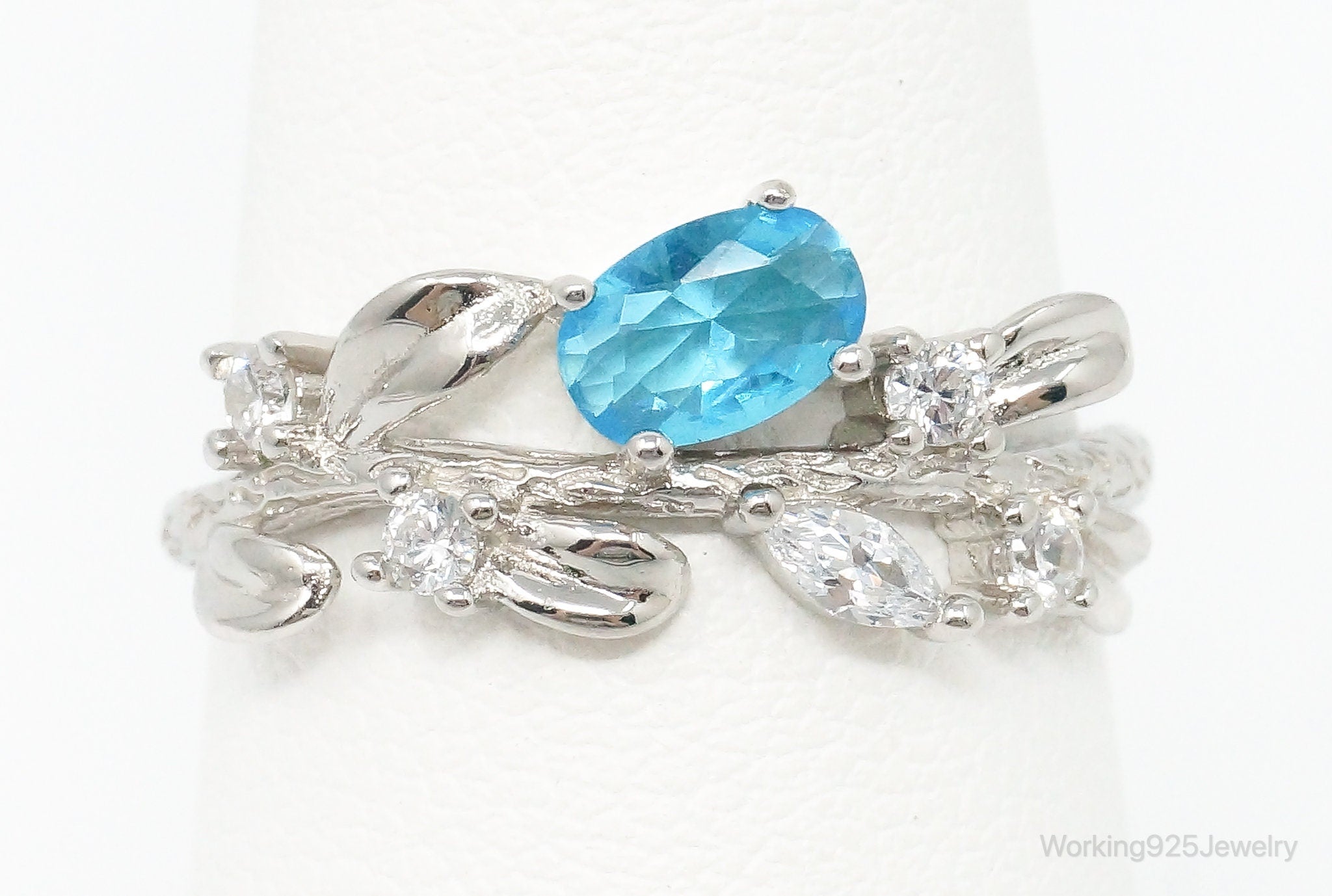 Blue Topaz Cubic Zirconia Branch & Leaves Sterling Silver Ring - Size 7.5 Adj.