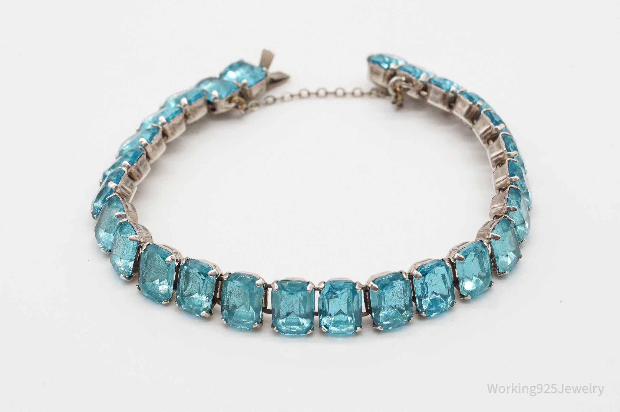 Antique Blue Glass Stones Sterling Silver Statement Bracelet