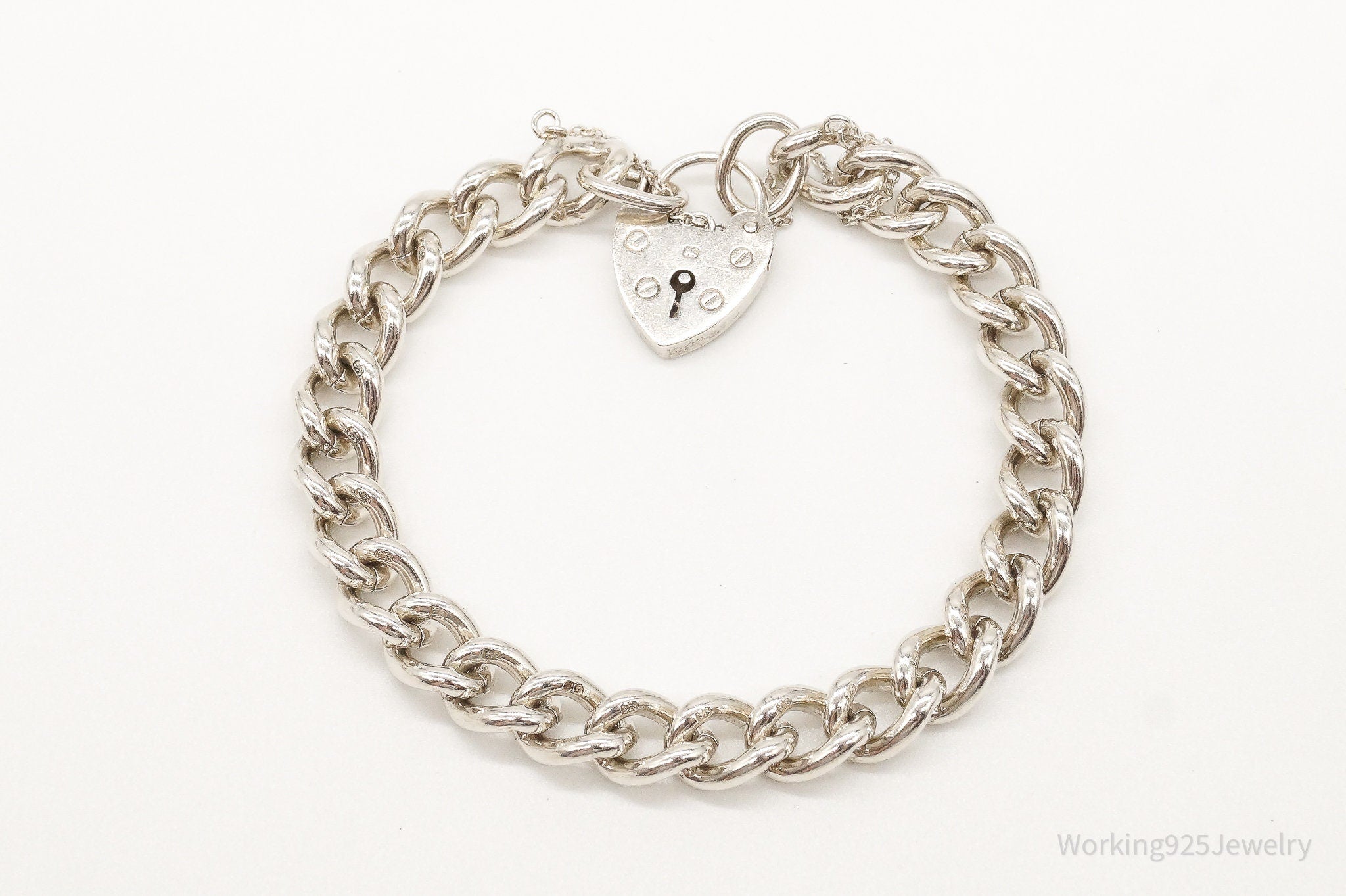 Antique Heart Pad Lock Charm Lover Sterling Silver Chainlink Bracelet