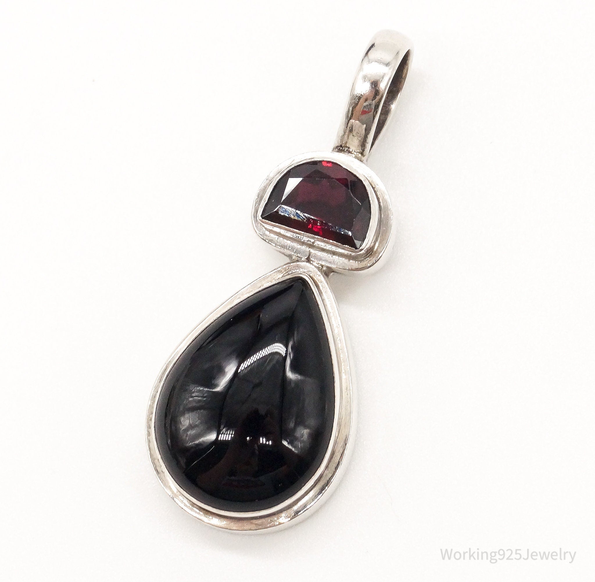 Large Vintage Black Onyx Garnet Sterling Silver Pendant