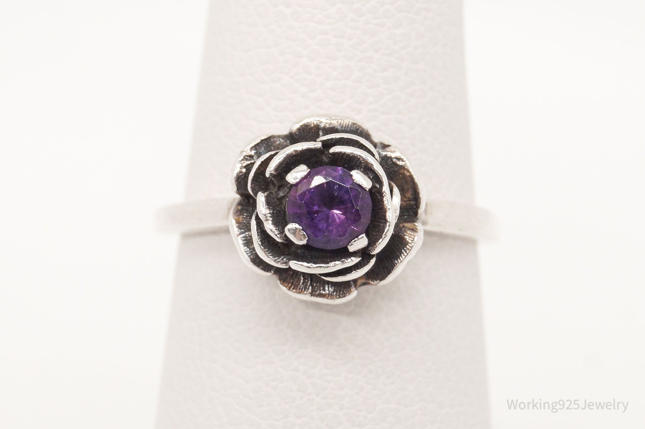 Vintage Amethyst Flower Sterling Silver Ring - Size 4