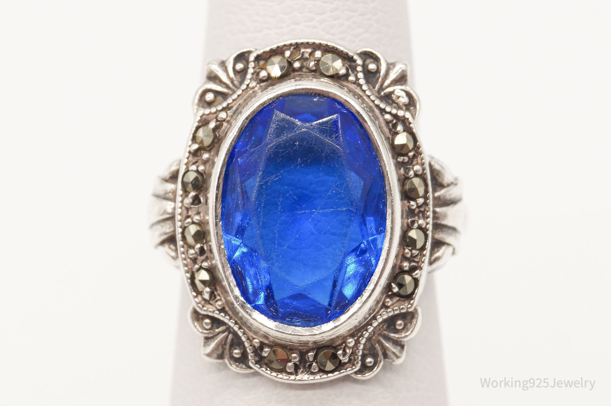 Antique Designer Uncas Blue Glass Marcasite Sterling Silver Ring - Size 5.25