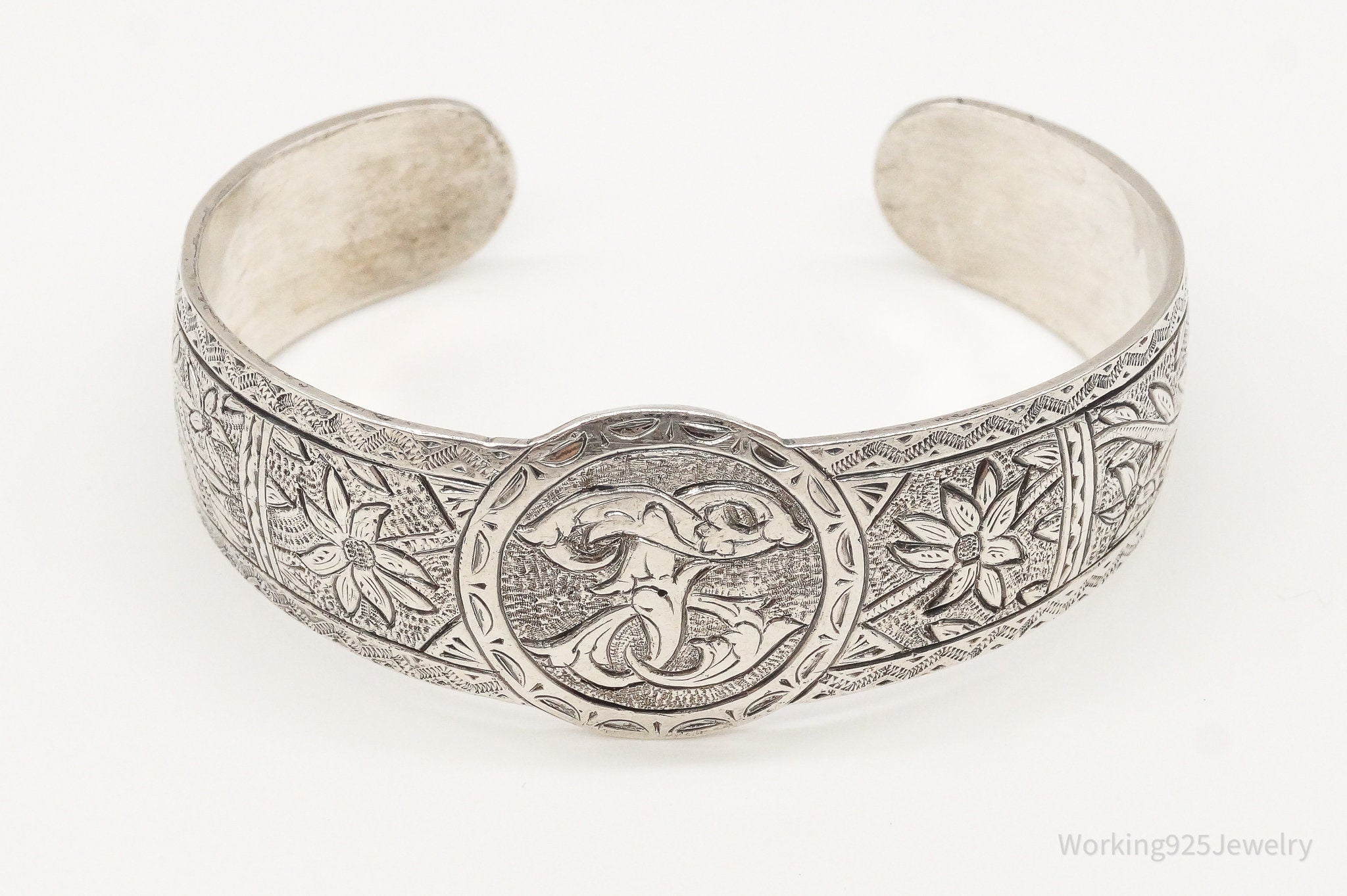 Antique Floral Motif Etched Sterling Silver Cuff Bracelet