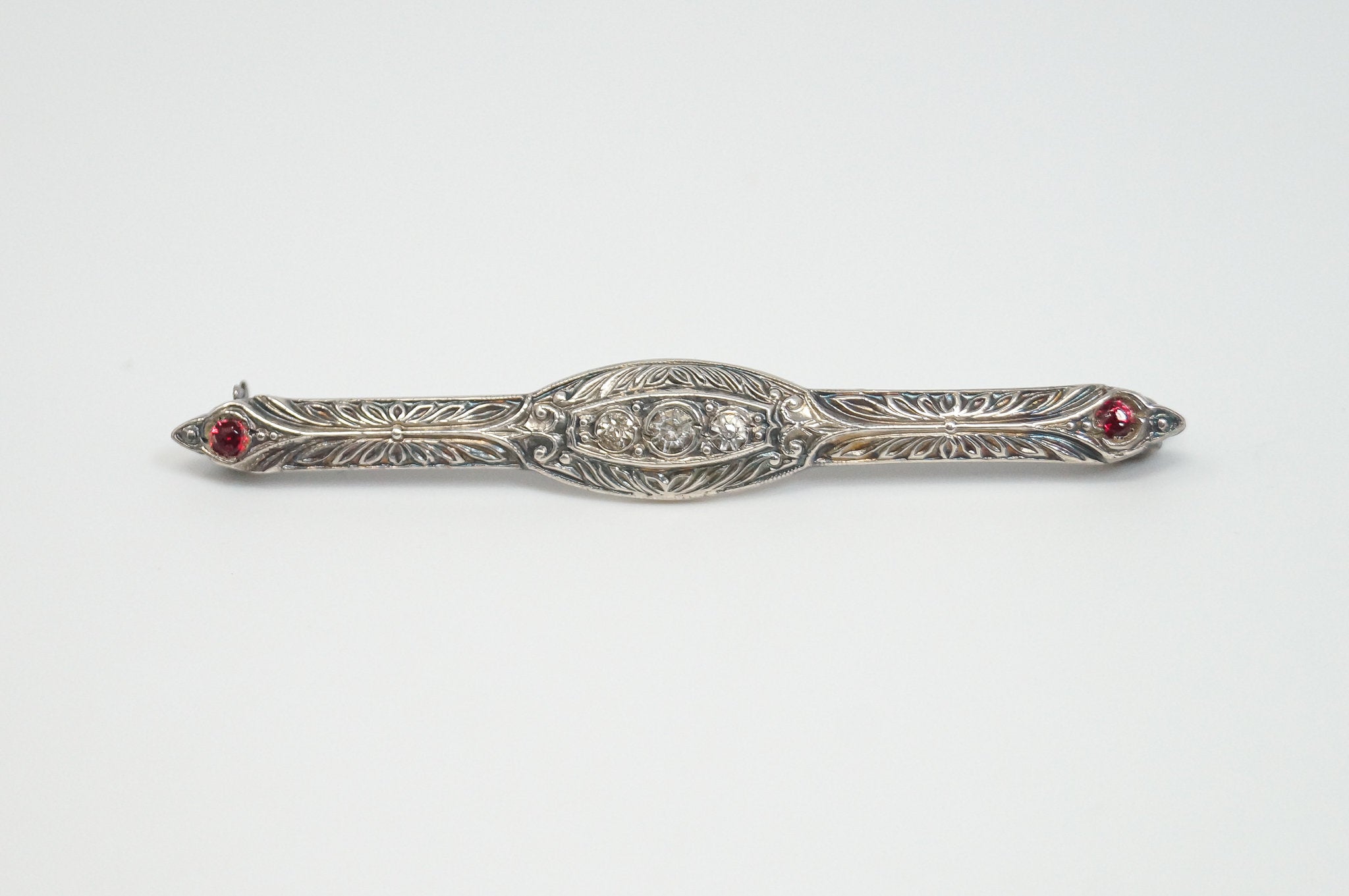 Antique Victorian CZ Ruby Ornate Sterling Silver Brooch Pin