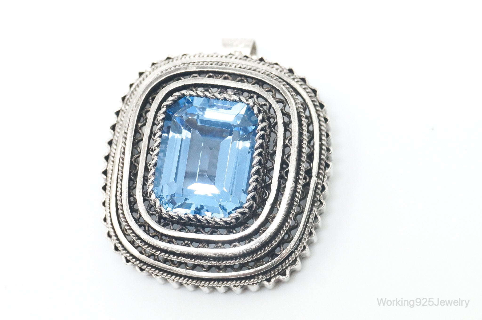 Large Vintage Art Deco Blue Topaz Sterling Silver Brooch Pendant