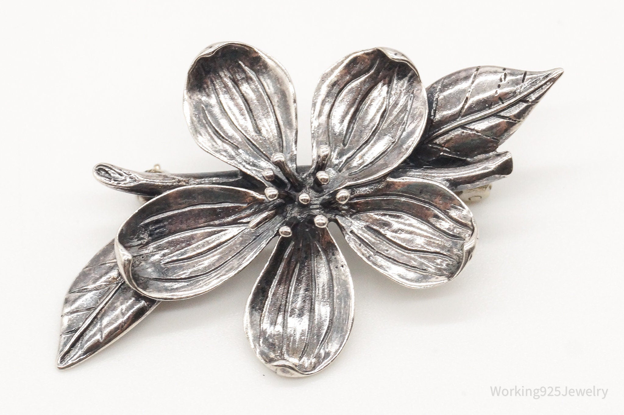 Vintage Designer H & H Flower Sterling Silver Brooch Pin