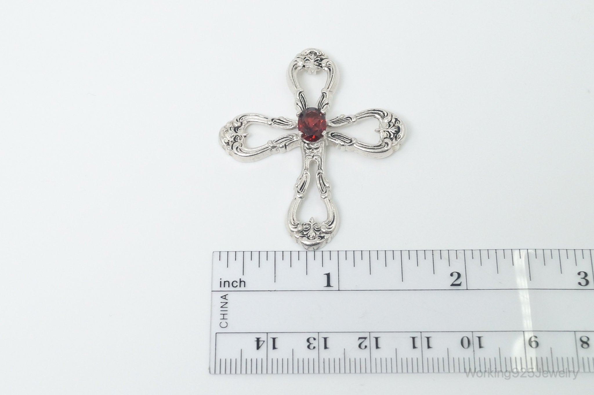 Vintage Designer Gorham Garnet Ornate Sterling Silver Cross Necklace Pendant