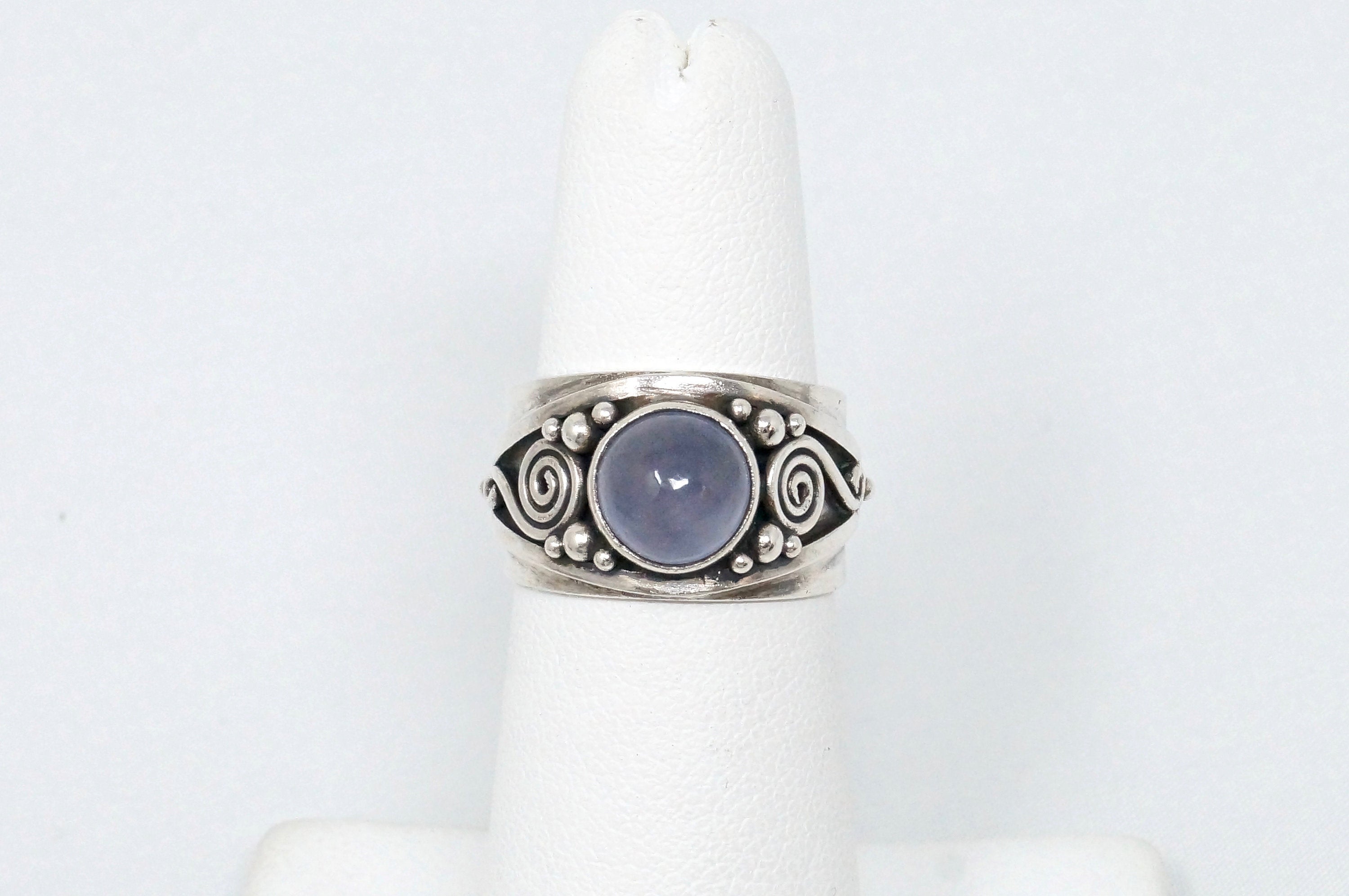 Vintage Blue Chalcedony Scroll Sterling Silver Band Ring - Size 5.5