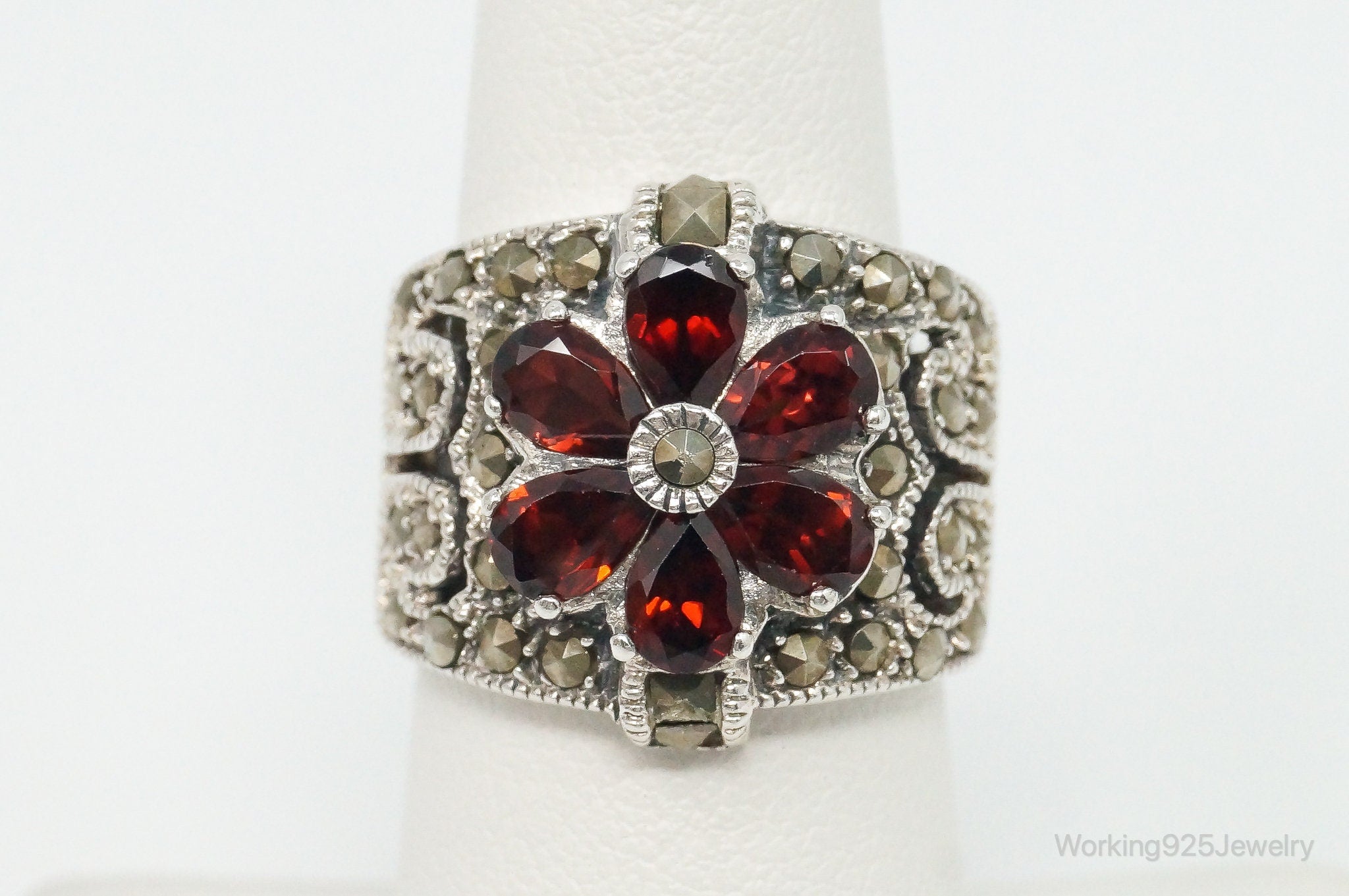 Vintage Garnet Marcasite Sterling Silver Statement Ring Size 6.75