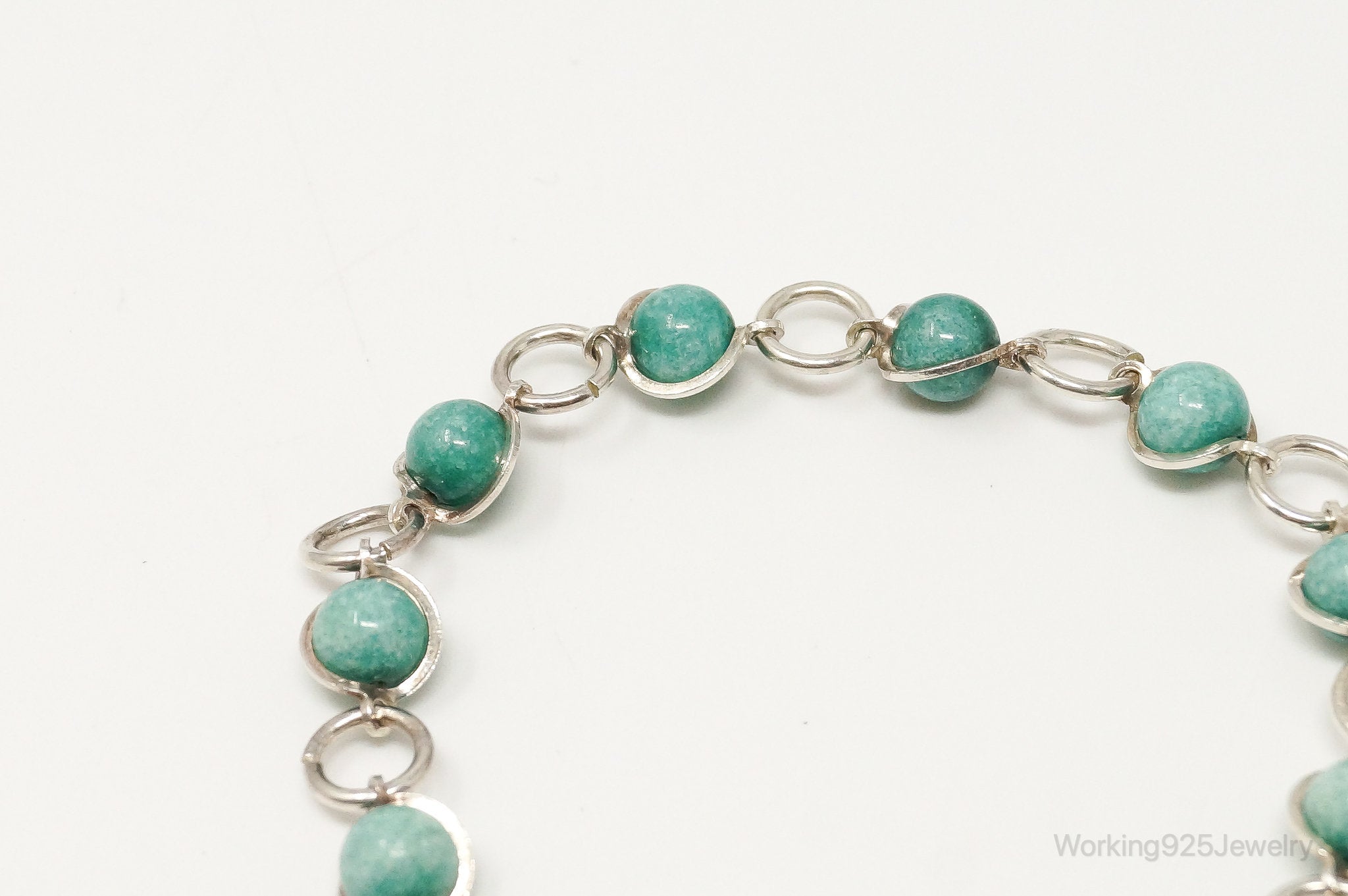 Vintage Amazonite Beads Sterling Silver Heart Charm Toggle Bracelet