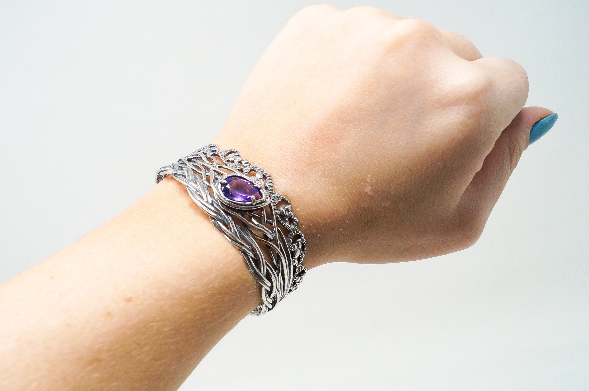 Vintage Designer Paz Israel Amethyst Sterling Silver Cuff Bracelet