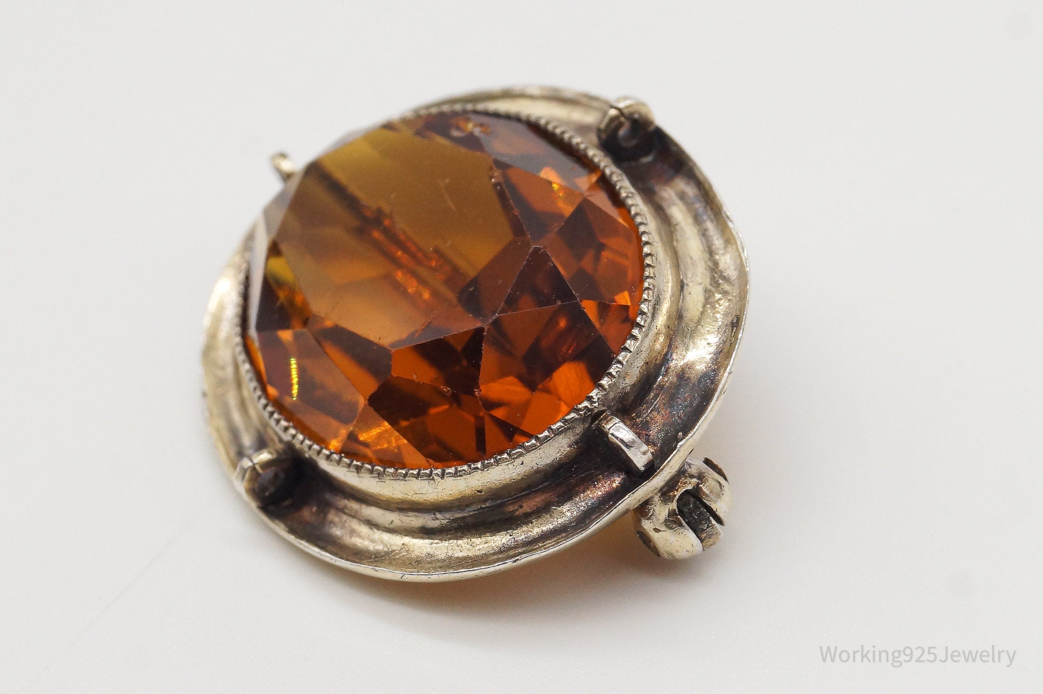 Antique Large Orange Glass Gold Tone Sterling Silver Brooch Pin