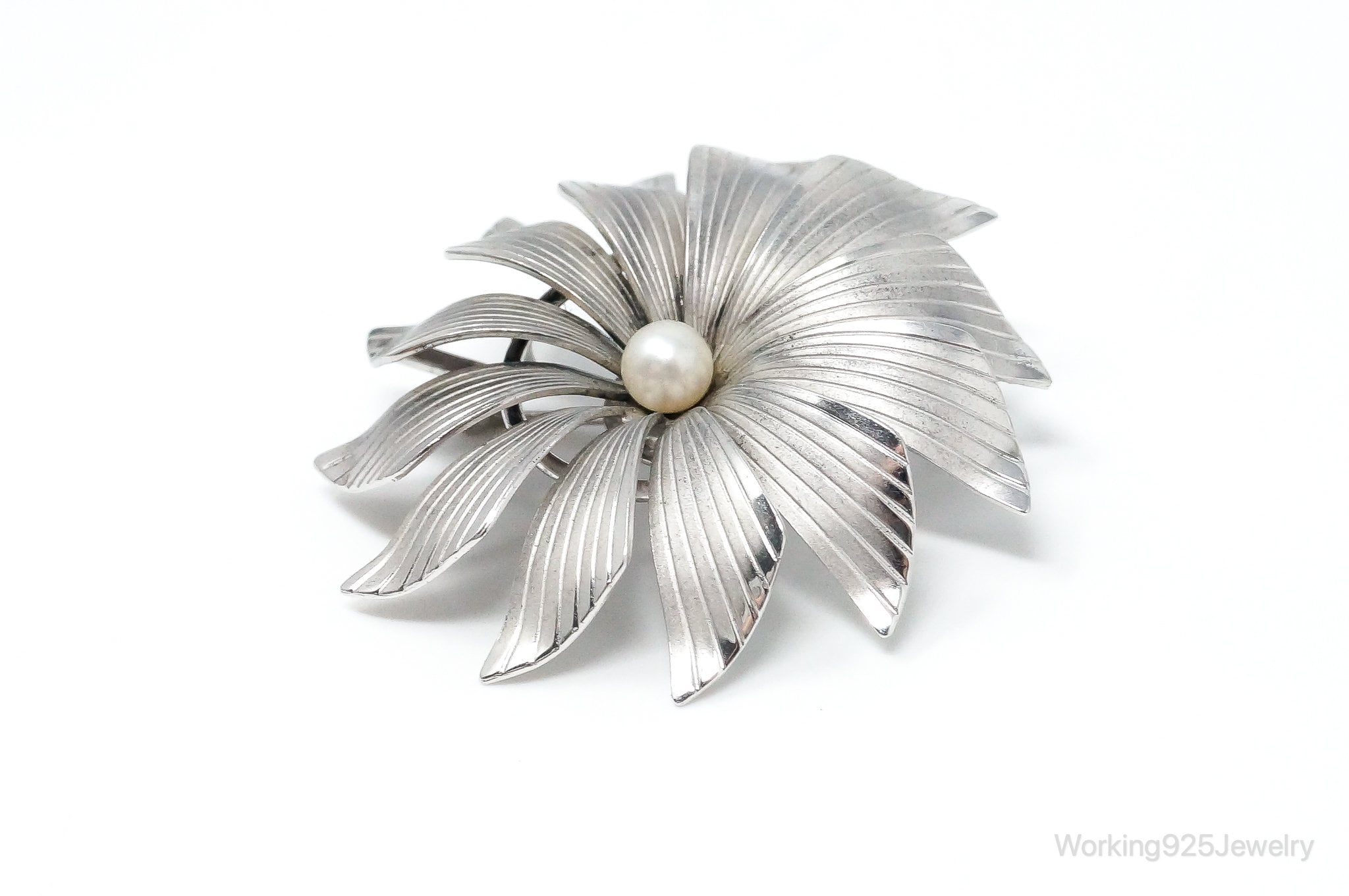 Vintage Designer Carl-Art Pearl Flower Sterling Silver Brooch Pin