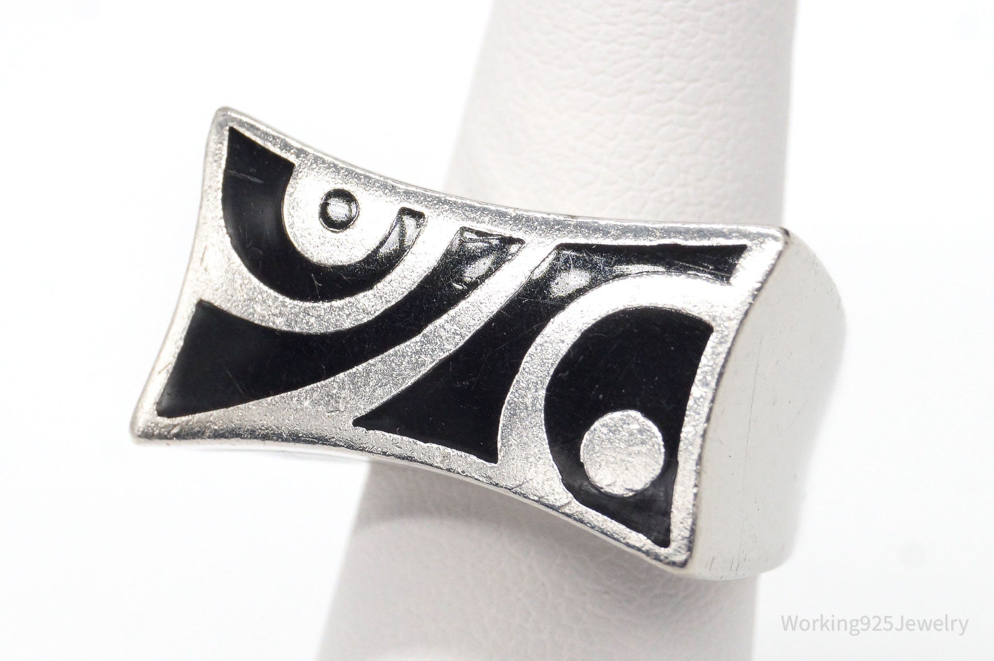 Italian Designer Flli Menegatti Black Enamel Sterling Silver Ring - Size 5.75