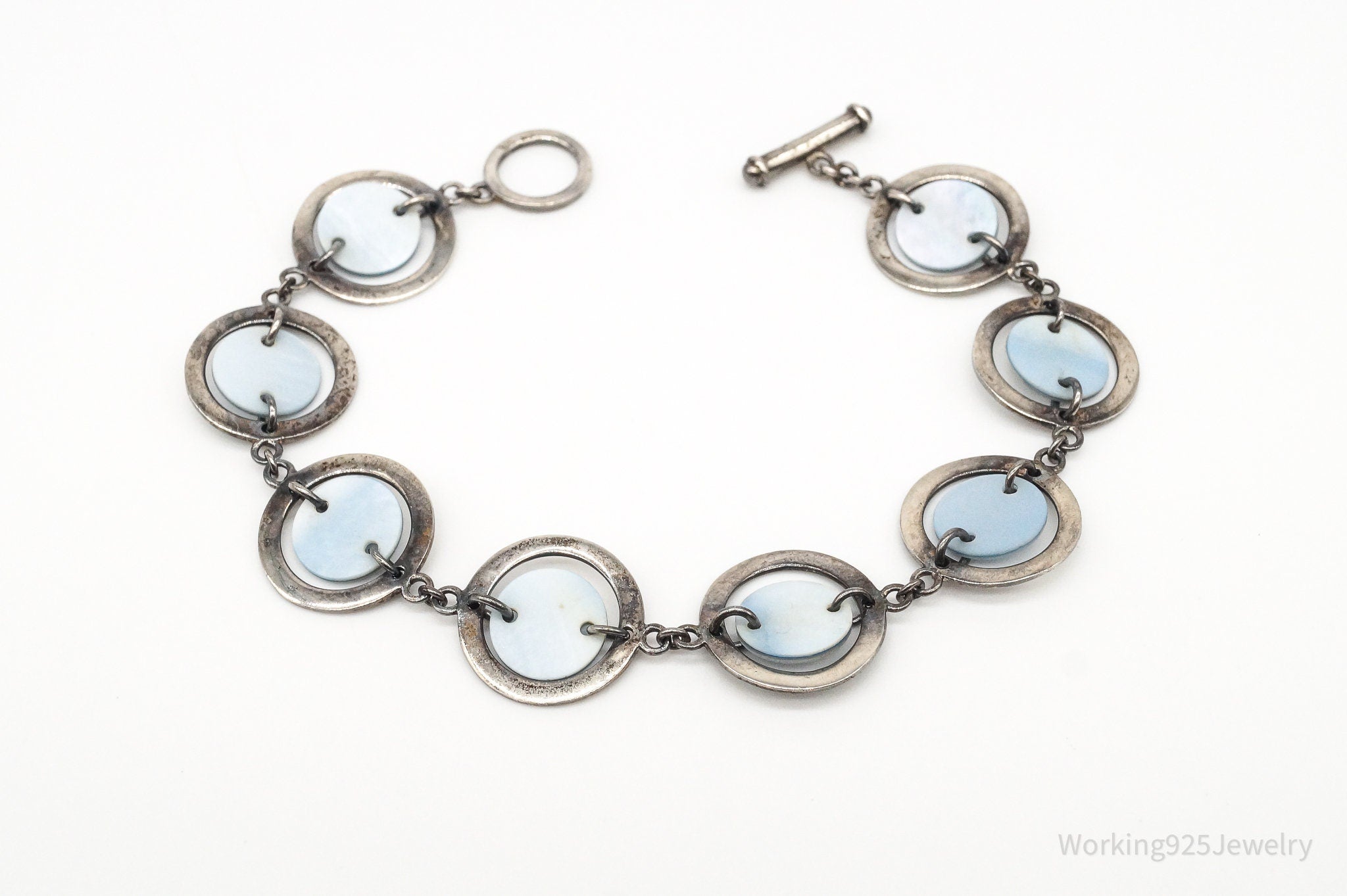 Vintage Blue Mother Of Pearl Sterling Silver Toggle Bracelet