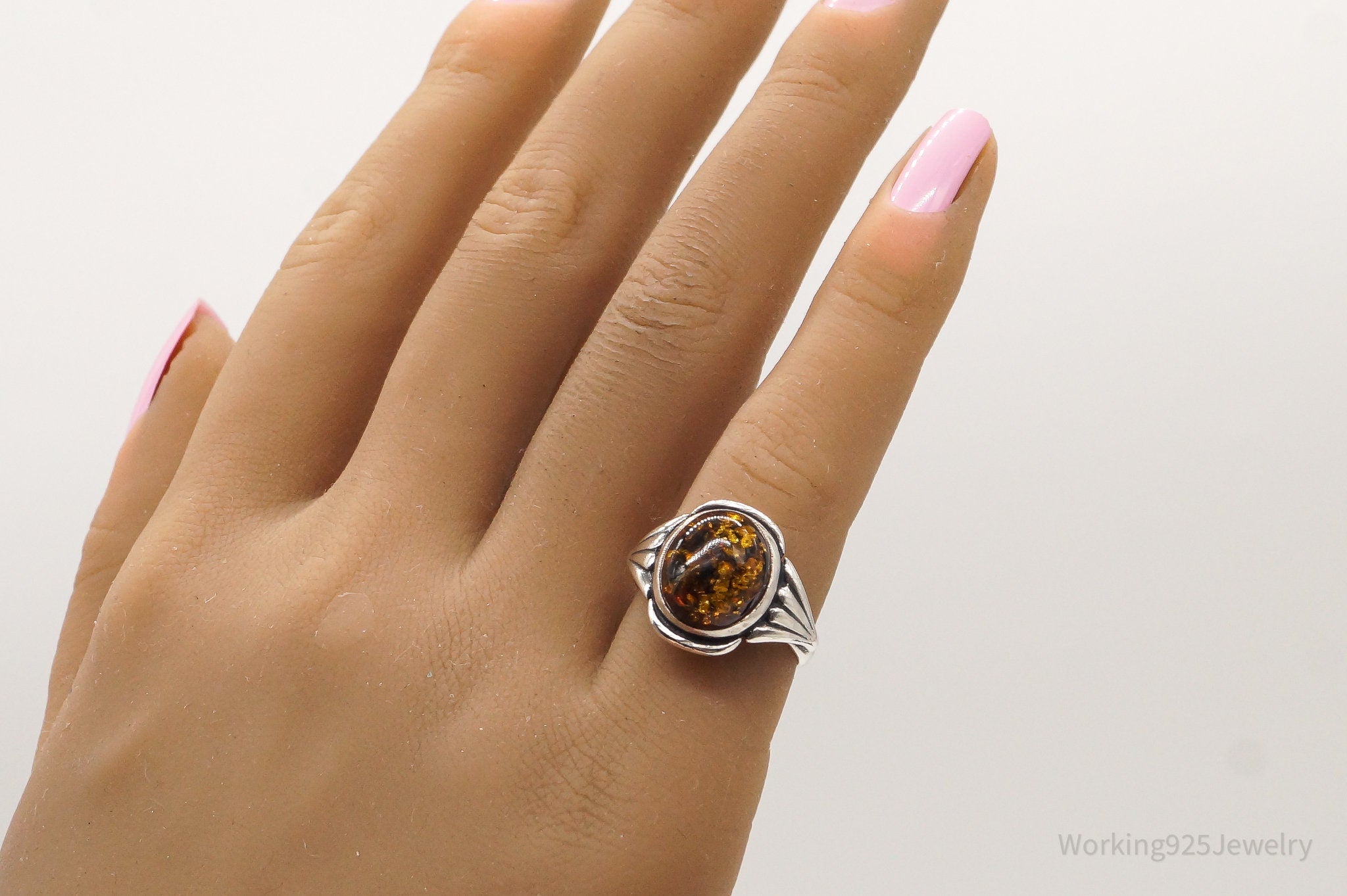 Vintage Amber Sterling Silver Ring - Size 6