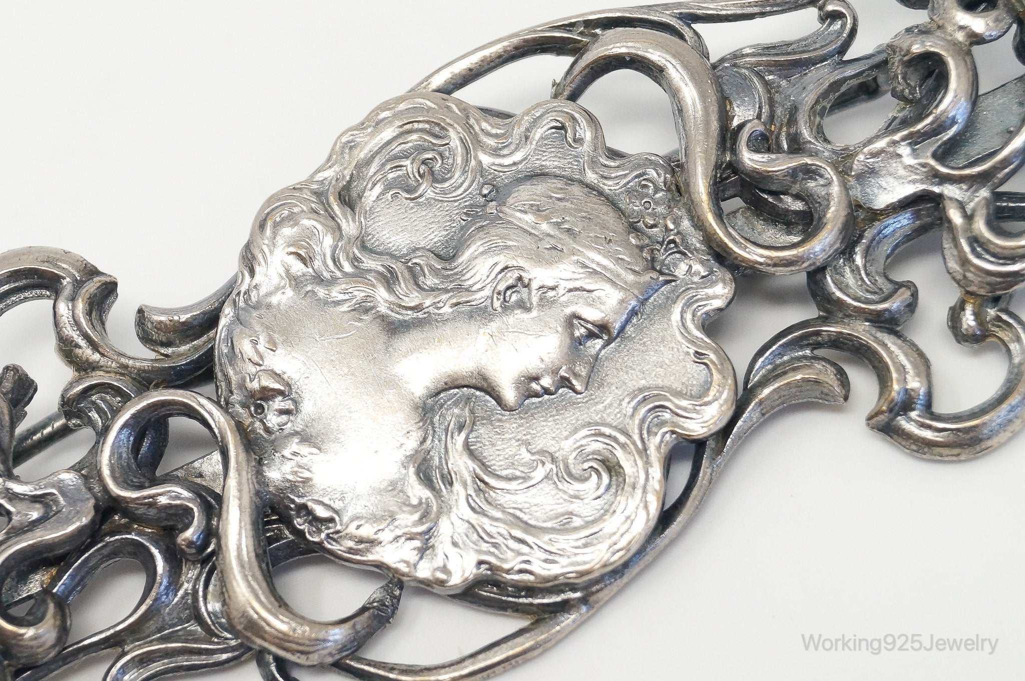 Antique Art Nouveau Woman Cameo Sterling Silver Belt Sash Buckle