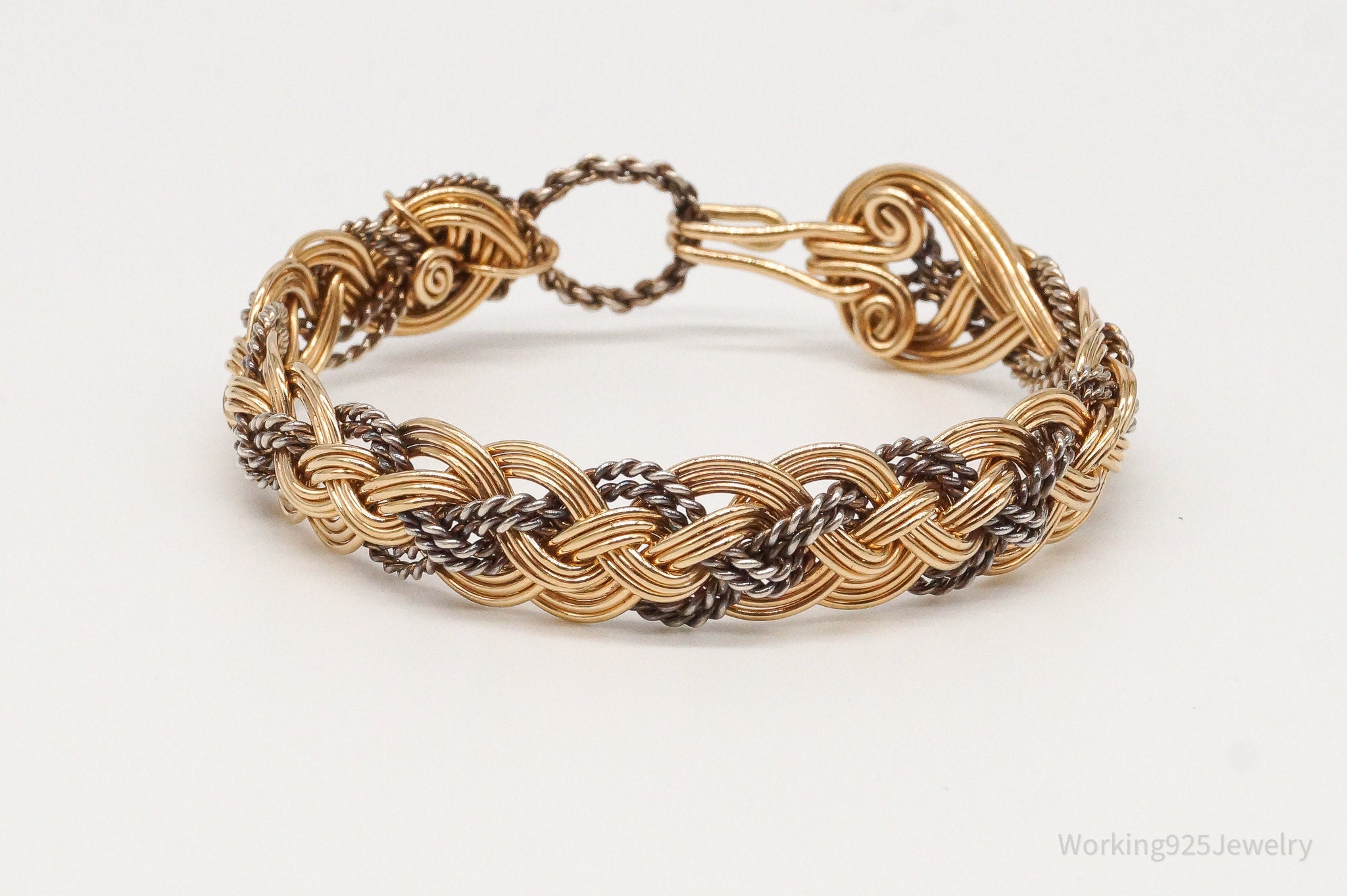 Vintage Intricate Filigree Rope Weave Braid Brass Silver Bracelet