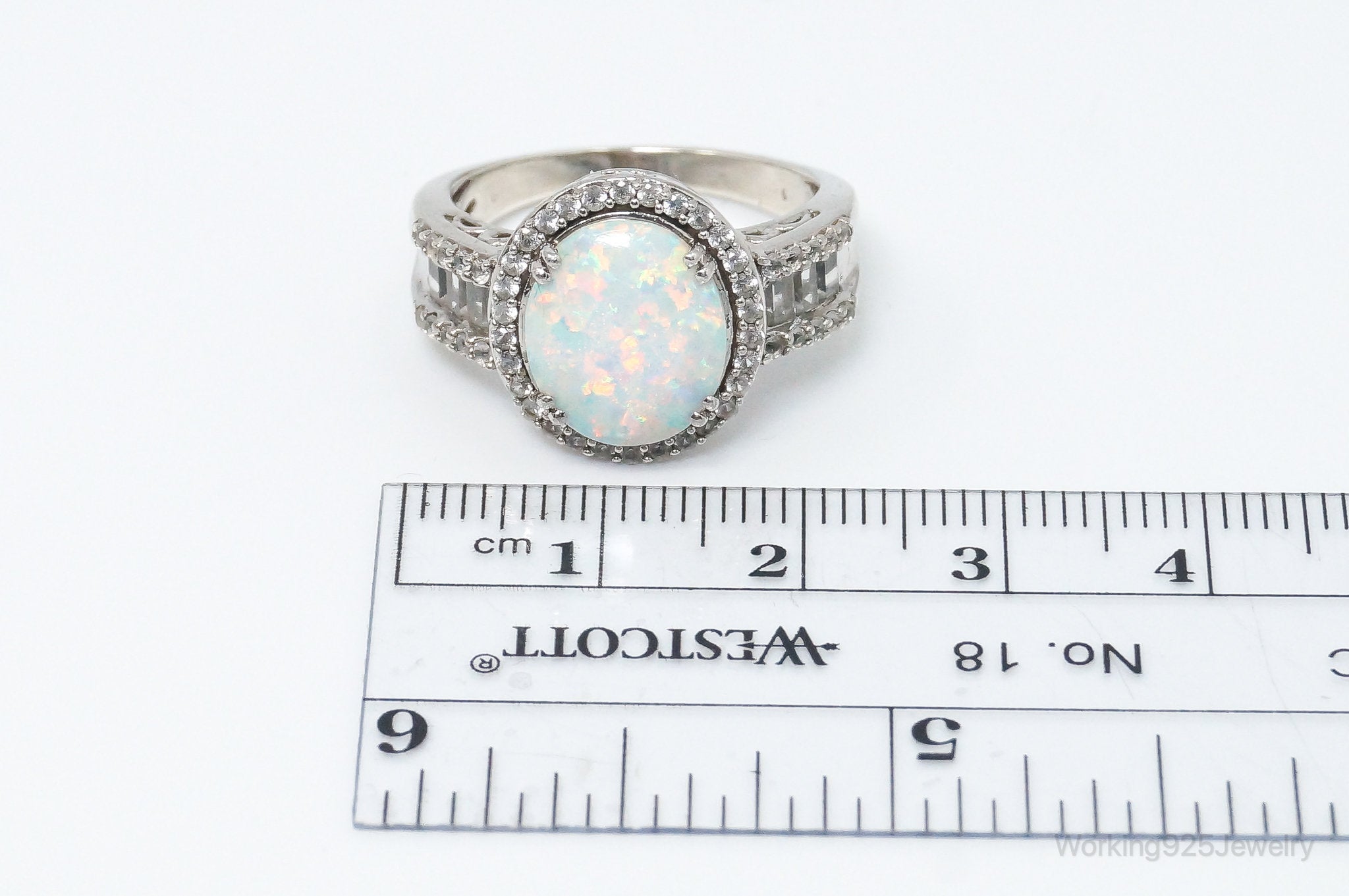 Vintage Art Deco Large Opal Cubic Zirconia Sterling Silver Ring SZ 8.75