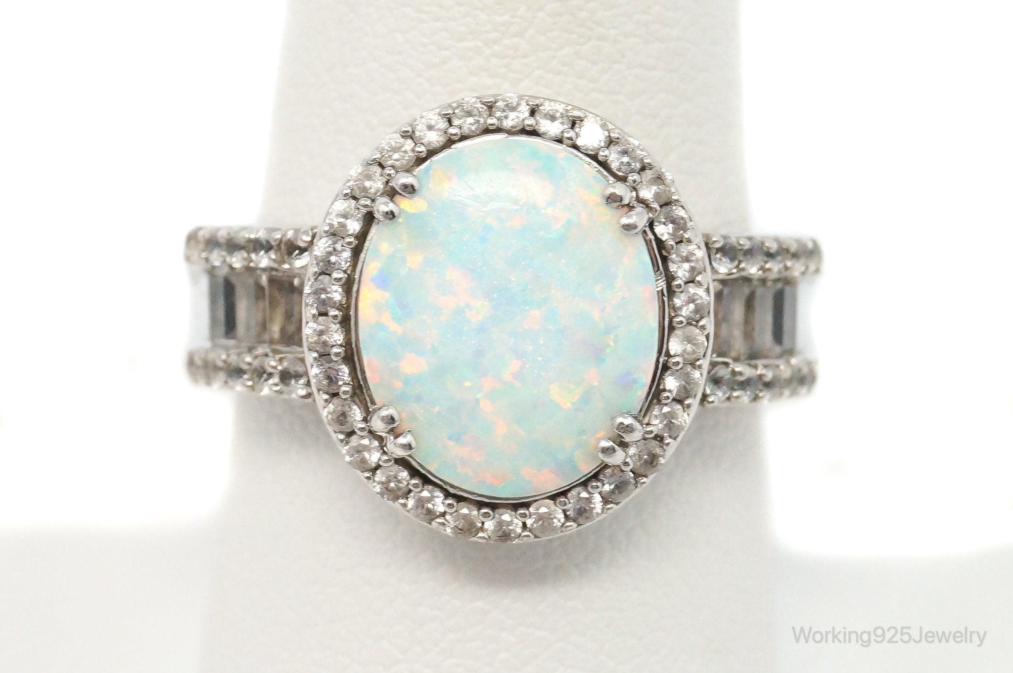 Vintage Art Deco Large Opal Cubic Zirconia Sterling Silver Ring SZ 8.75