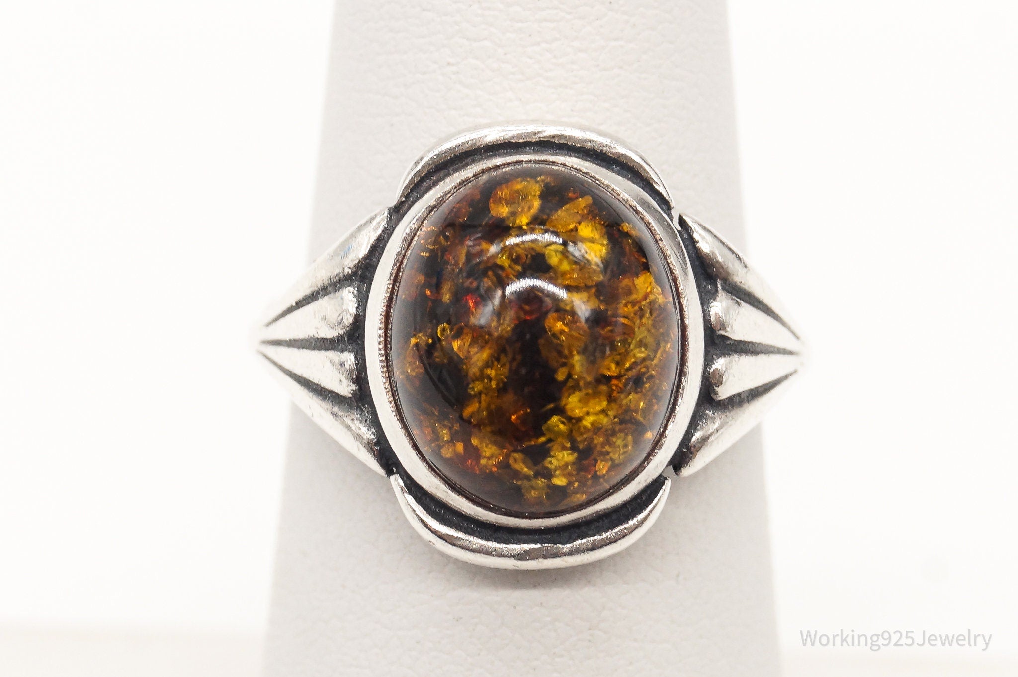 Vintage Amber Sterling Silver Ring - Size 6