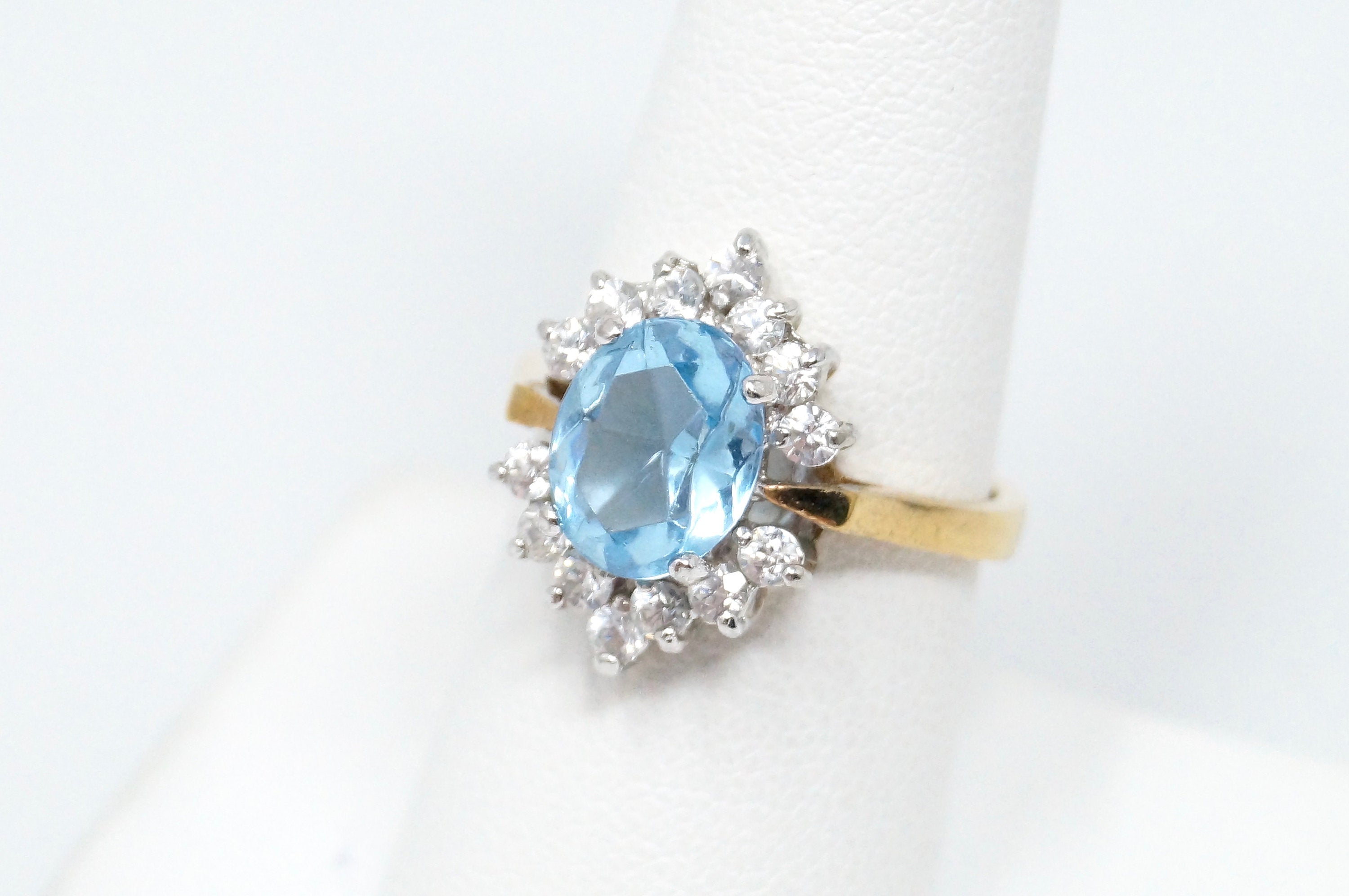 Vintage Designer Art Deco Blue Topaz CZ Accented Gold Vermeil Ring Sterling Sz 8