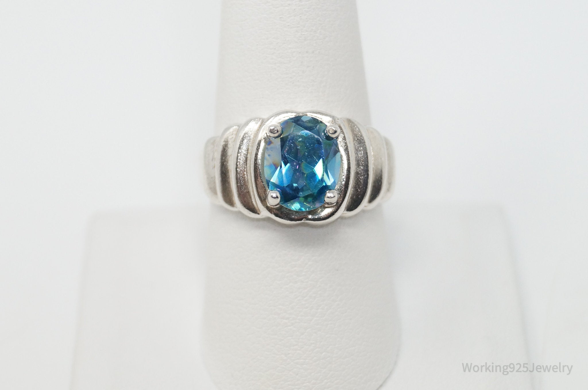 Vintage Art Deco Blue Topaz Sterling Silver Ring - Sz 8.75