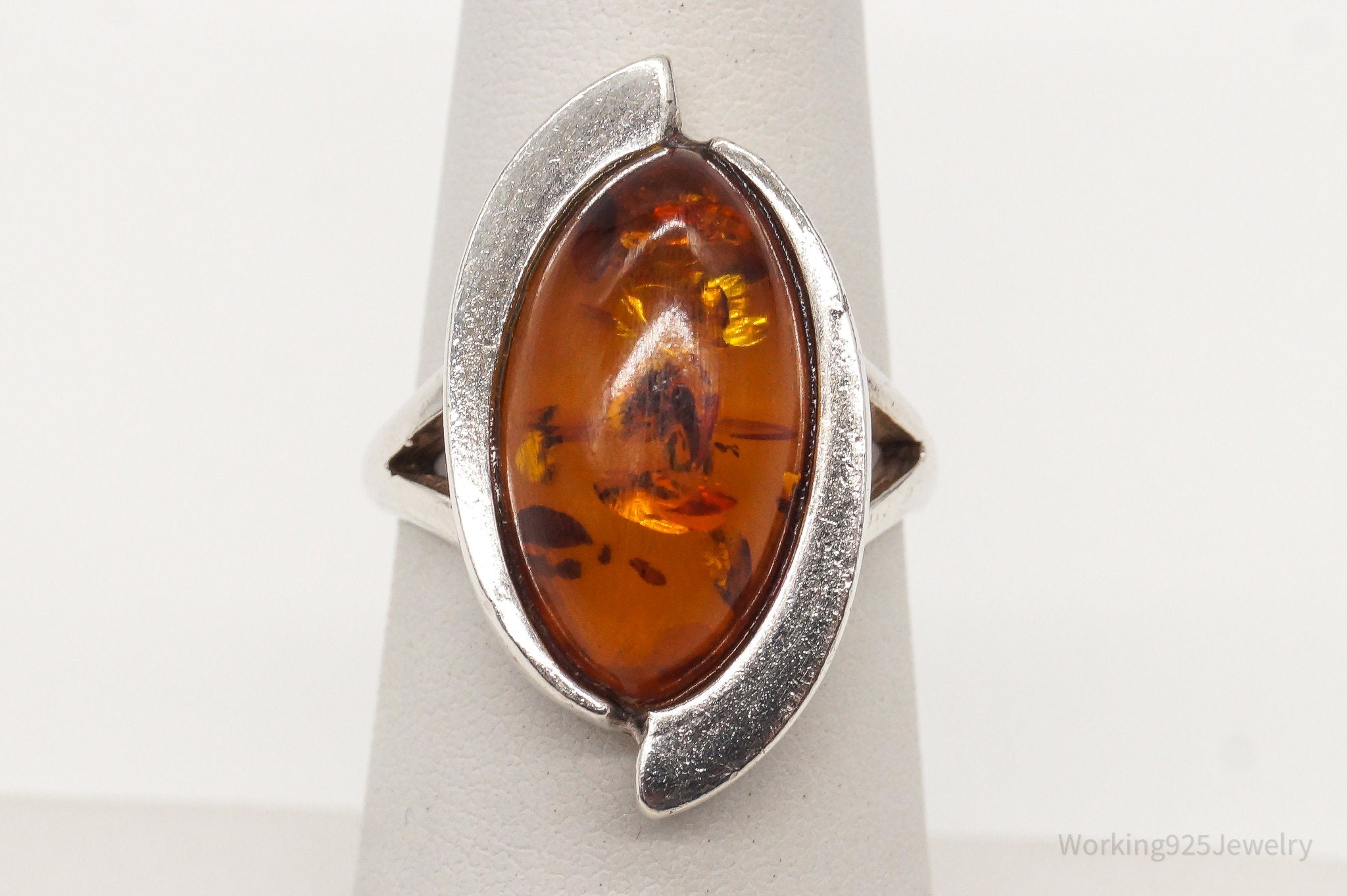 Vintage Baltic Amber Modernist Sterling Silver Ring - Size 6.25