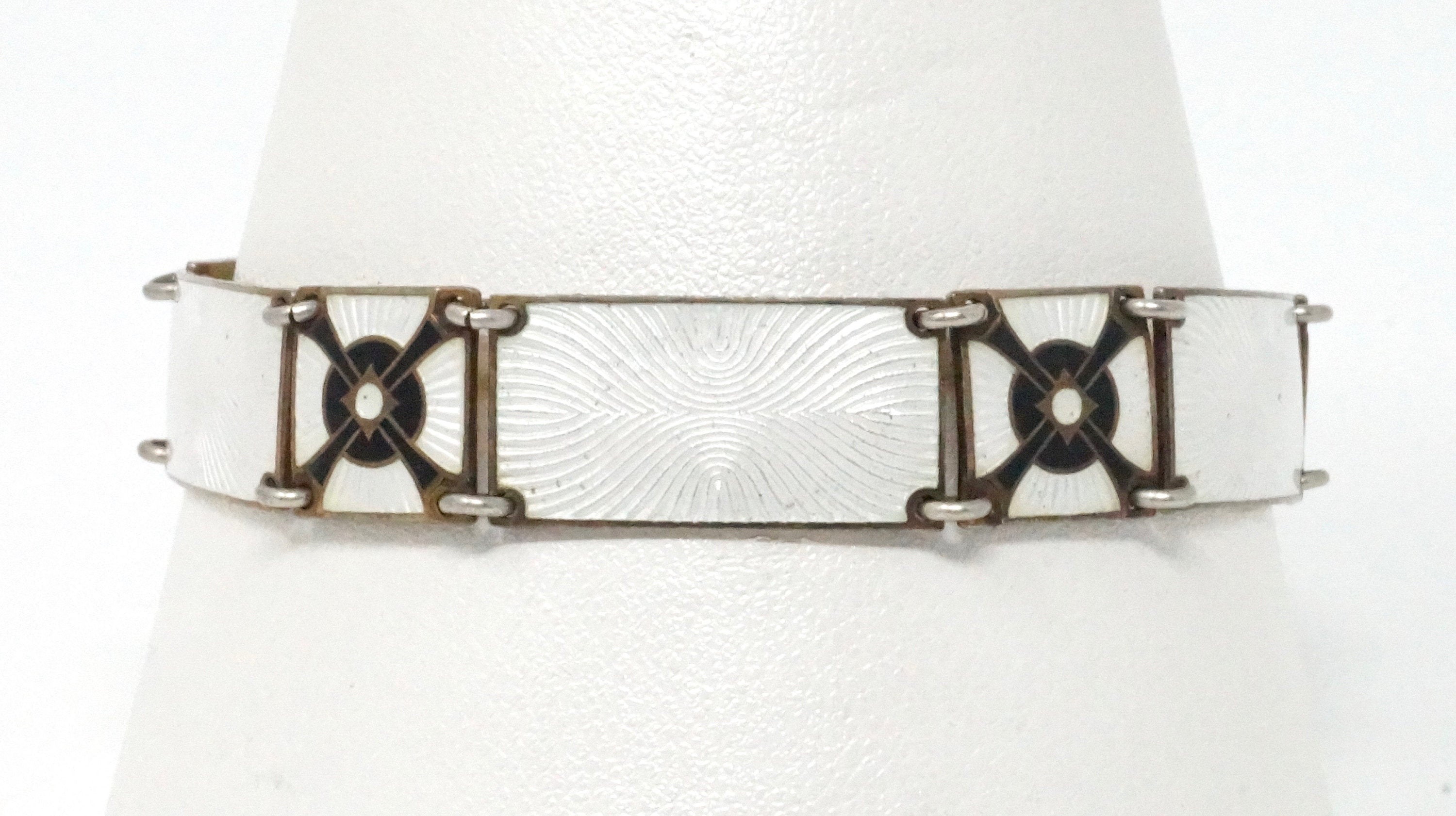 Kristian Hestenes Guilloche White Enamel Gold Panel Sterling Silver Bracelet