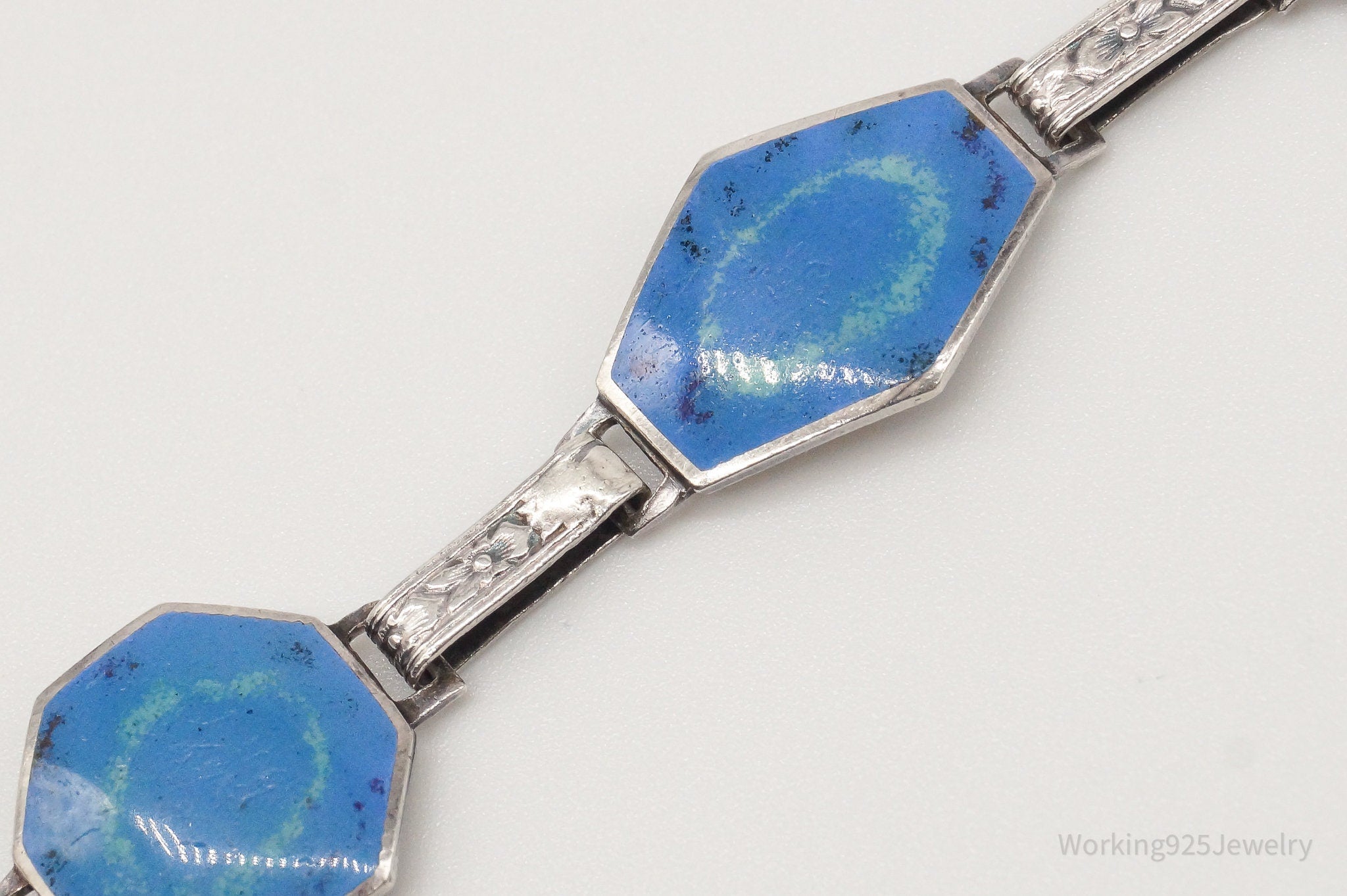 Antique Blue Enamel Flower Pattern Sterling Silver Bracelet