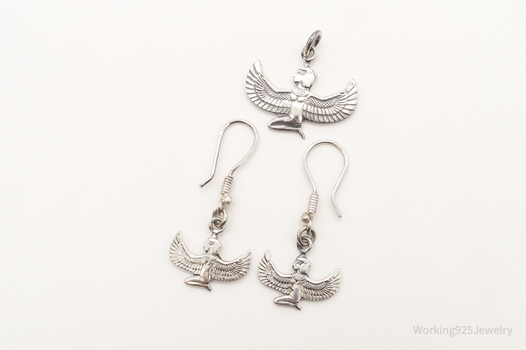 Vintage Egyptian Winged Goddess Isis Sterling Silver Pendant Earrings Set